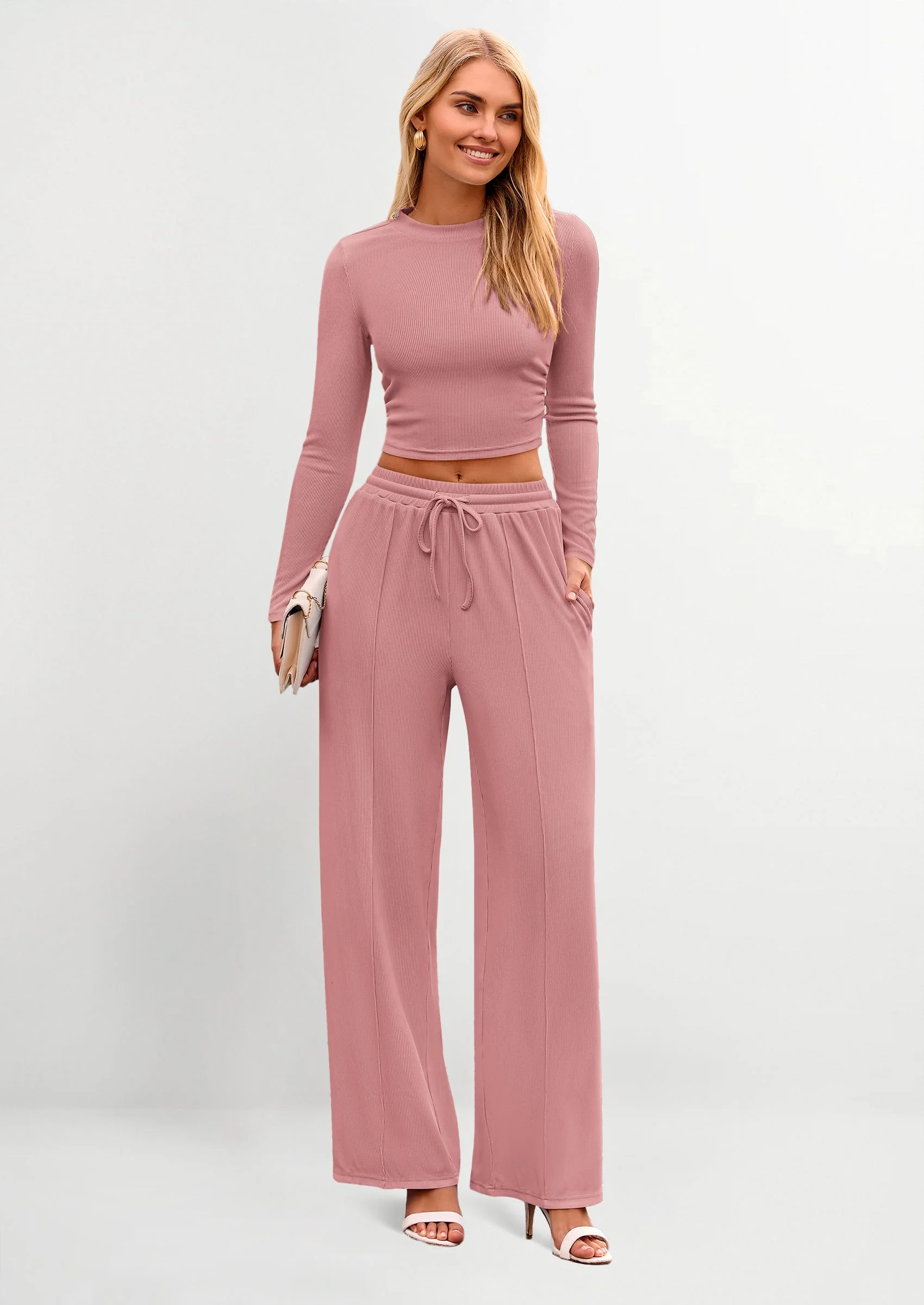 PRETTYGARDEN Women's 2 Piece Loungewear Long Sleeve Crop Top Wide Leg Palazzo Pants Set Tracksuits Casual Outfit - Image 36