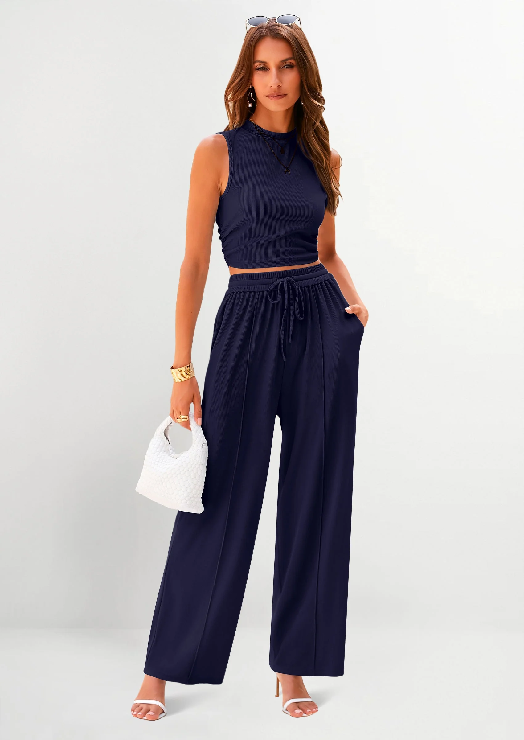 PRETTYGARDEN 2 Piece Sets Sleeveless Tank Ribbed Travel Vacation Lounge Wear Outfits - Image 70