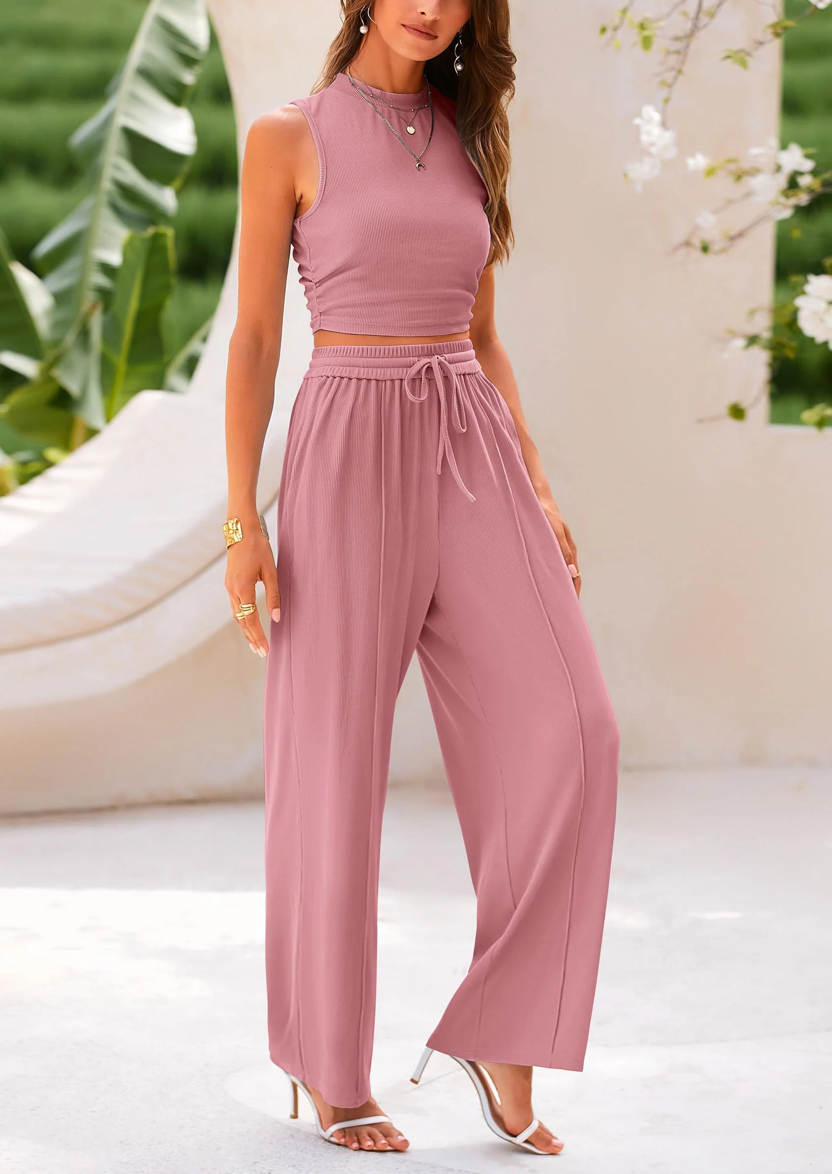 PRETTYGARDEN 2 Piece Sets Sleeveless Tank Ribbed Travel Vacation Lounge Wear Outfits - Image 80