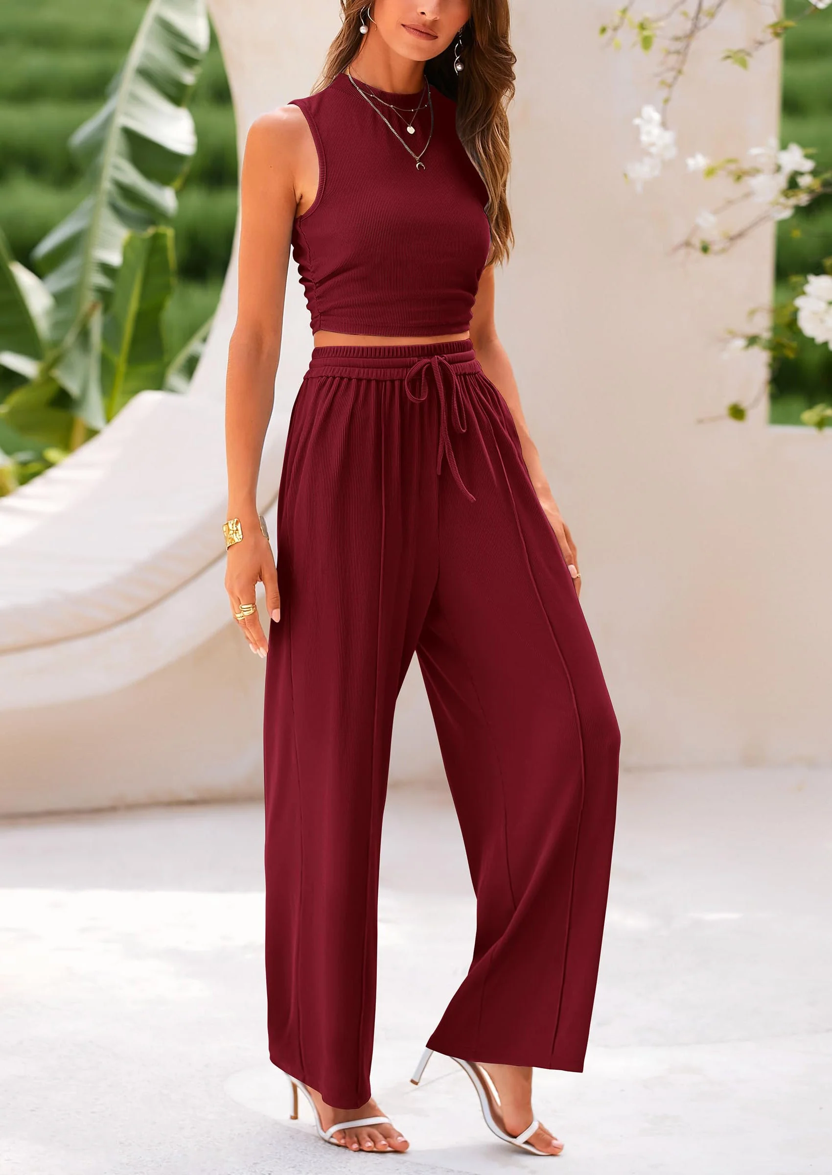 PRETTYGARDEN 2 Piece Sets Sleeveless Tank Ribbed Travel Vacation Lounge Wear Outfits - Image 93