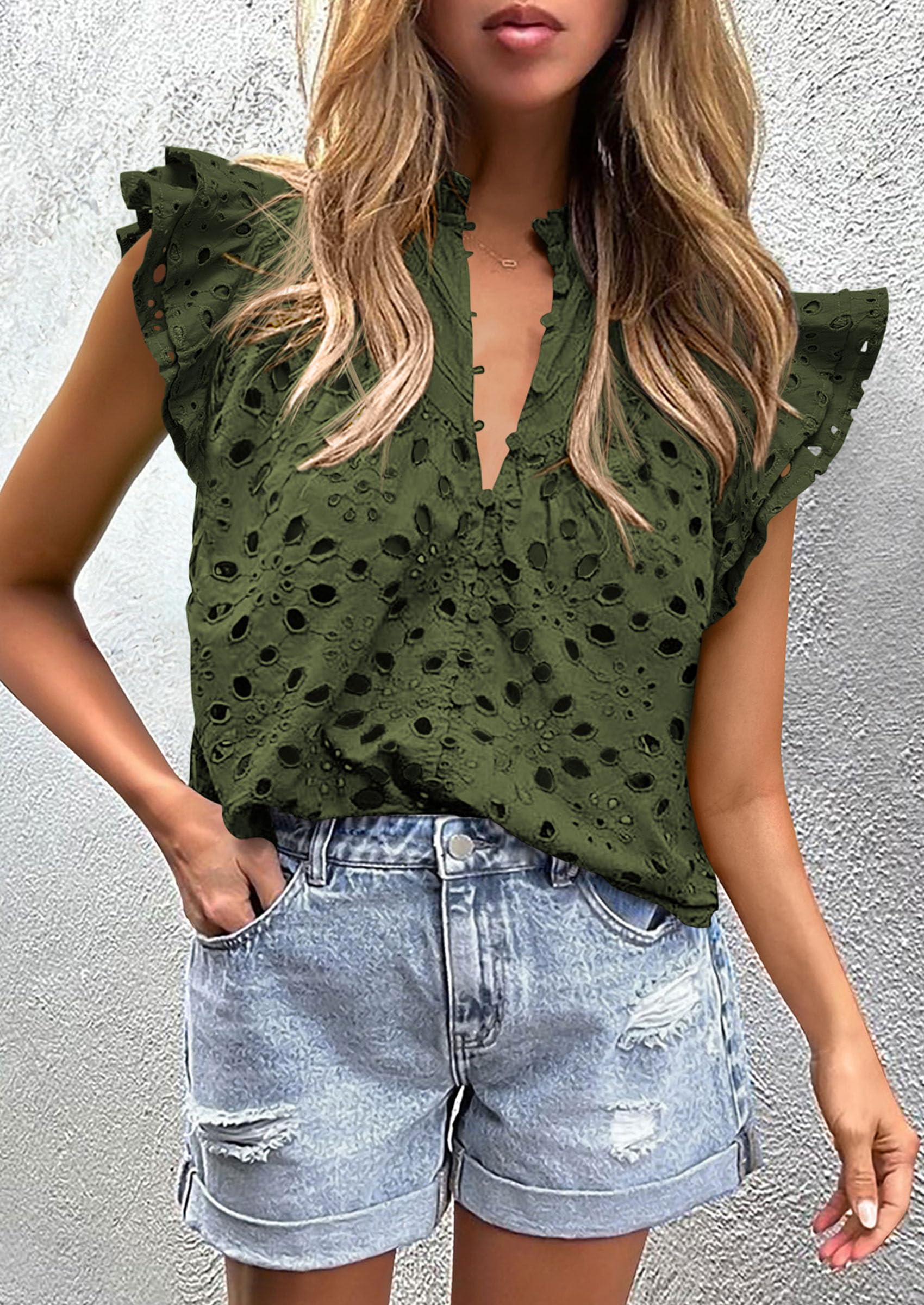 PRETTYGARDEN Womens Summer Tops 2025 Dressy Casual Ruffle Cap Sleeve Button V Neck Embroidered Eyelet Blouses Shirts - Image 11