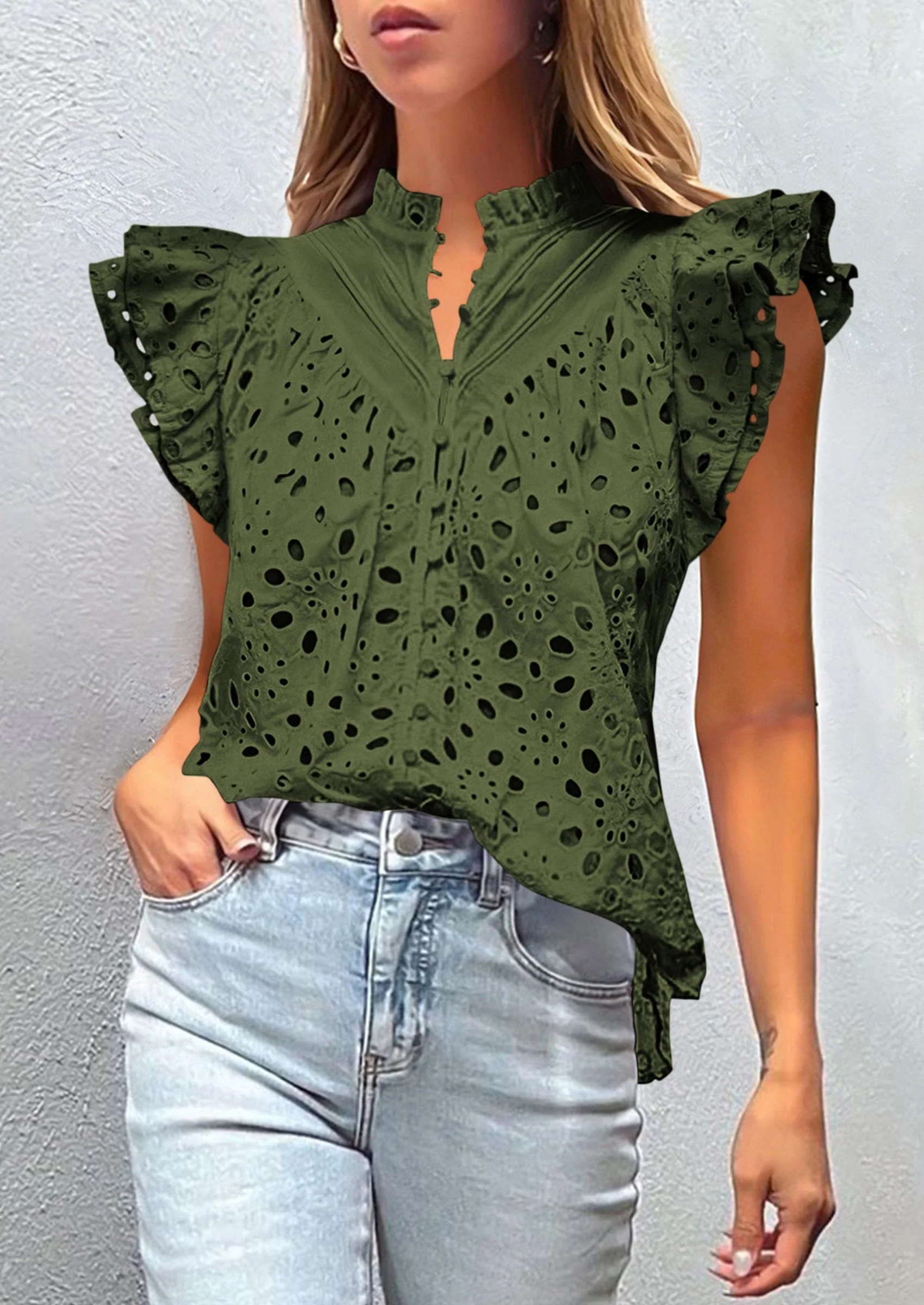 PRETTYGARDEN Womens Summer Tops 2025 Dressy Casual Ruffle Cap Sleeve Button V Neck Embroidered Eyelet Blouses Shirts - Image 13