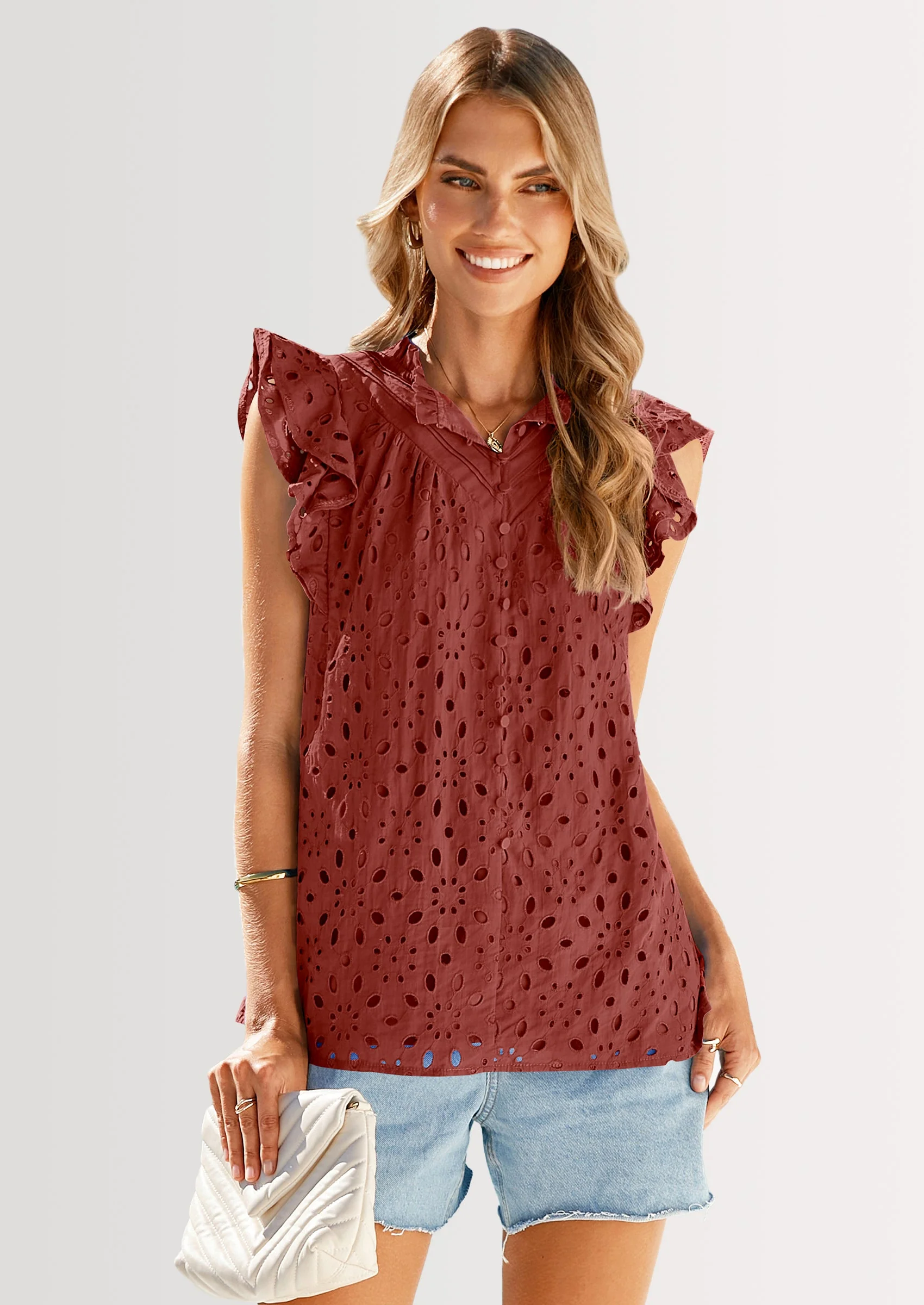 PRETTYGARDEN Womens Summer Tops 2025 Dressy Casual Ruffle Cap Sleeve Button V Neck Embroidered Eyelet Blouses Shirts - Image 26