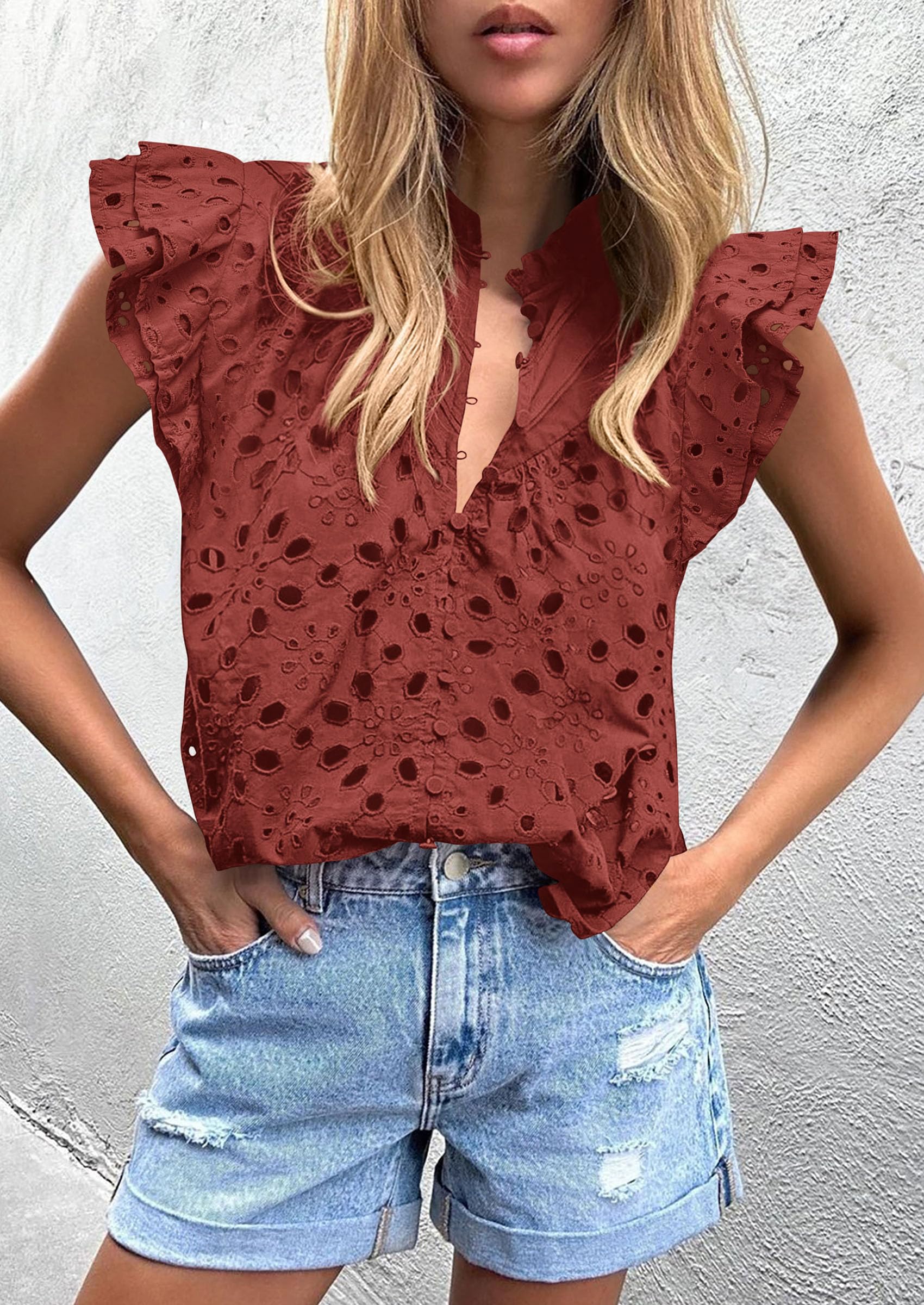 PRETTYGARDEN Womens Summer Tops 2025 Dressy Casual Ruffle Cap Sleeve Button V Neck Embroidered Eyelet Blouses Shirts - Image 29