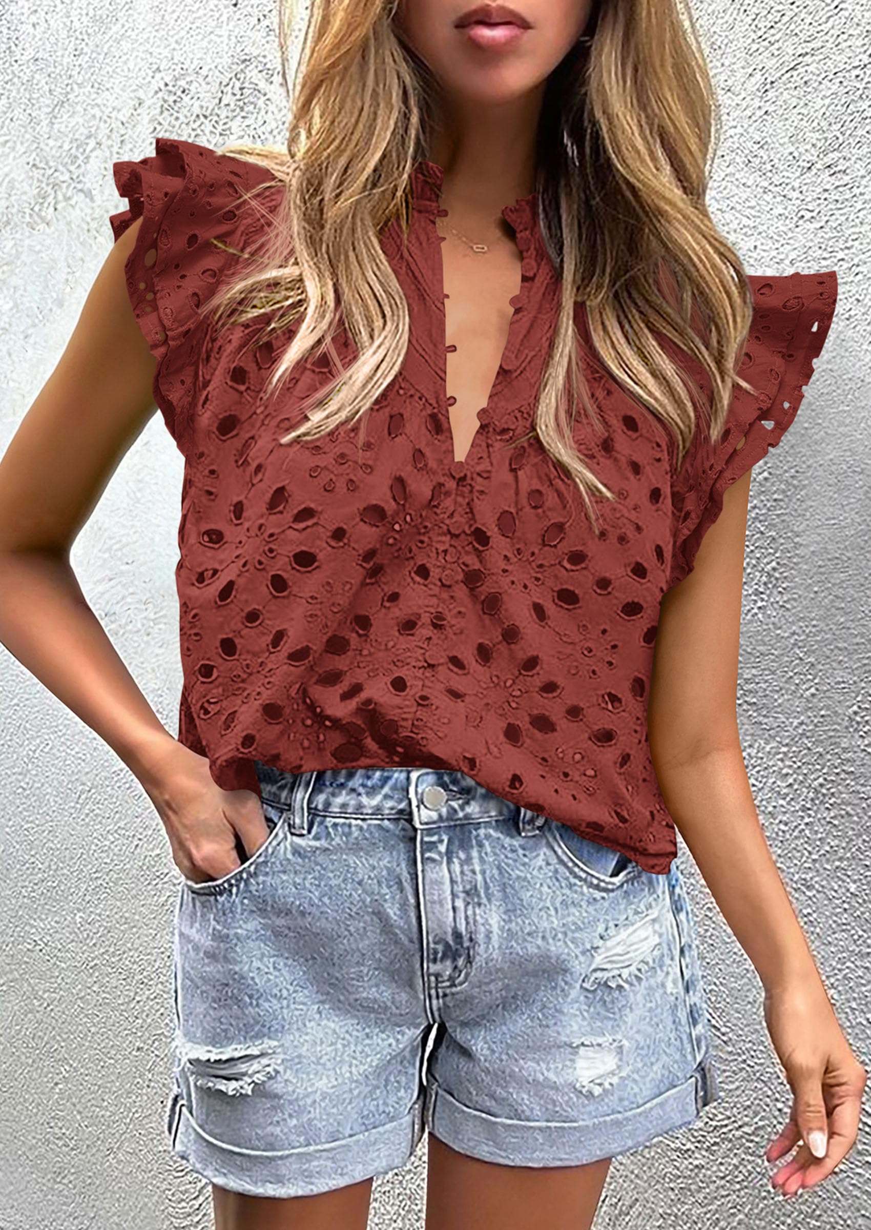 PRETTYGARDEN Womens Summer Tops 2025 Dressy Casual Ruffle Cap Sleeve Button V Neck Embroidered Eyelet Blouses Shirts - Image 31