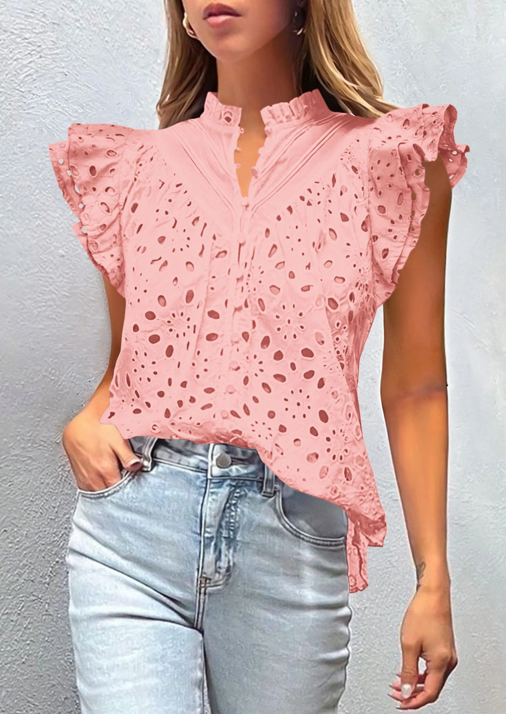 PRETTYGARDEN Womens Summer Tops 2025 Dressy Casual Ruffle Cap Sleeve Button V Neck Embroidered Eyelet Blouses Shirts - Image 42