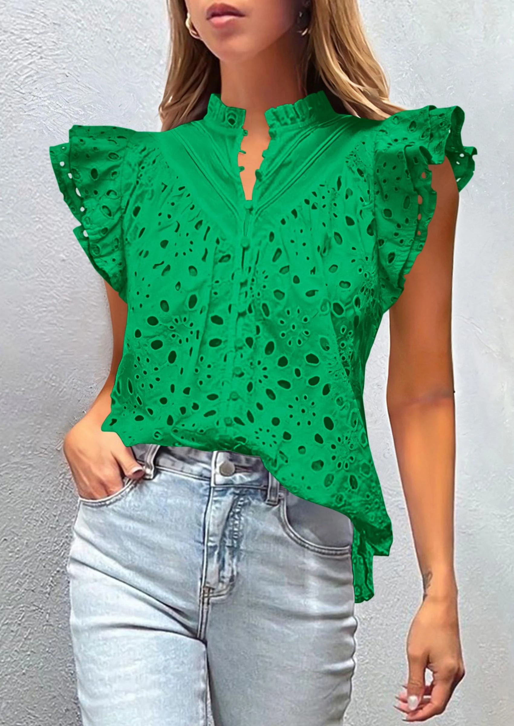 PRETTYGARDEN Womens Summer Tops 2025 Dressy Casual Ruffle Cap Sleeve Button V Neck Embroidered Eyelet Blouses Shirts - Image 5