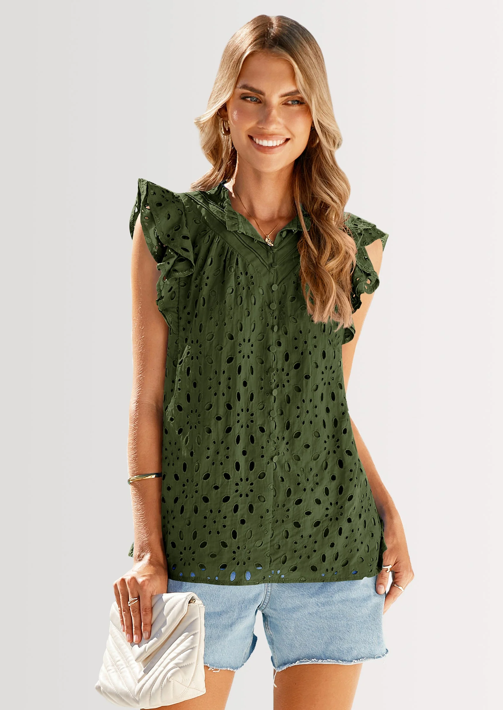PRETTYGARDEN Womens Summer Tops 2025 Dressy Casual Ruffle Cap Sleeve Button V Neck Embroidered Eyelet Blouses Shirts - Image 8