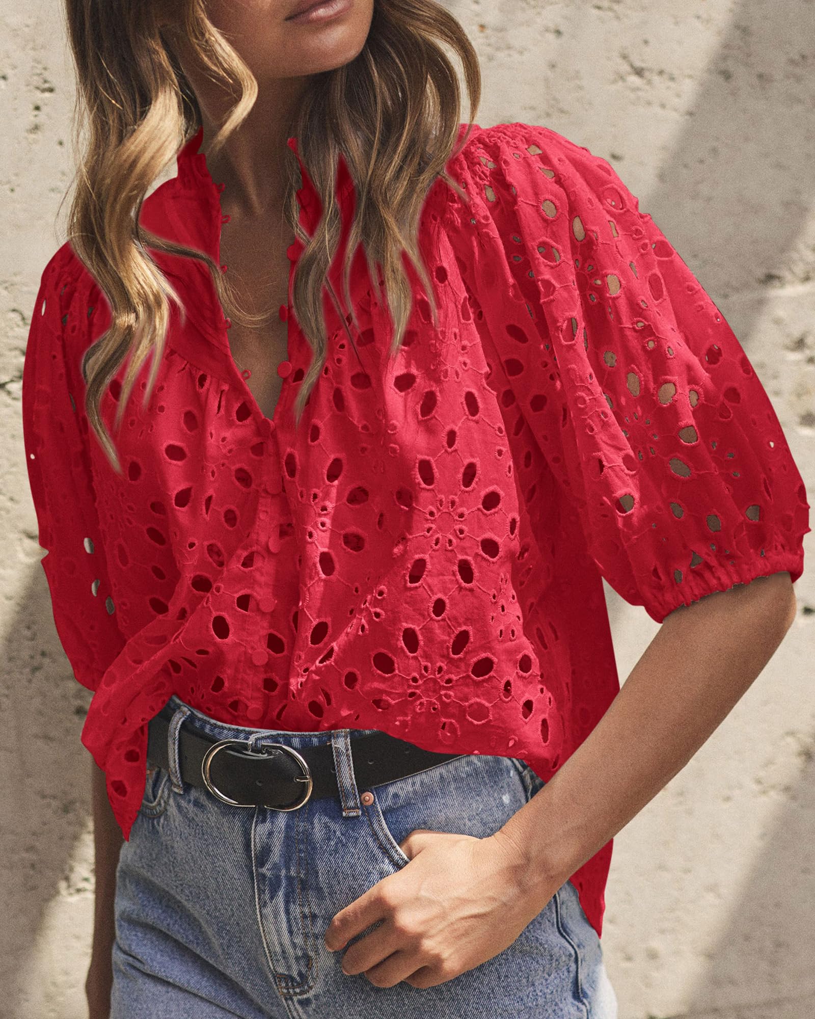 PRETTYGARDEN Women's Summer Short Sleeve Tops Dressy Casual Buttons V Neck Hollow Out Lace Embroidered Blouses Shirts - Image 105