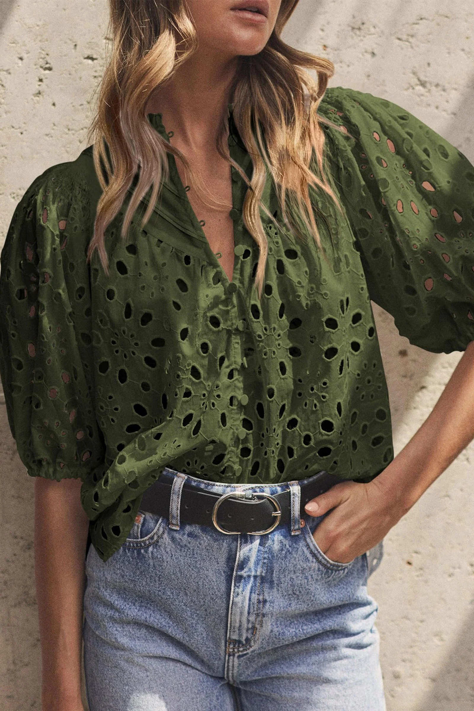 PRETTYGARDEN Women's Summer Short Sleeve Tops Dressy Casual Buttons V Neck Hollow Out Lace Embroidered Blouses Shirts - Image 11