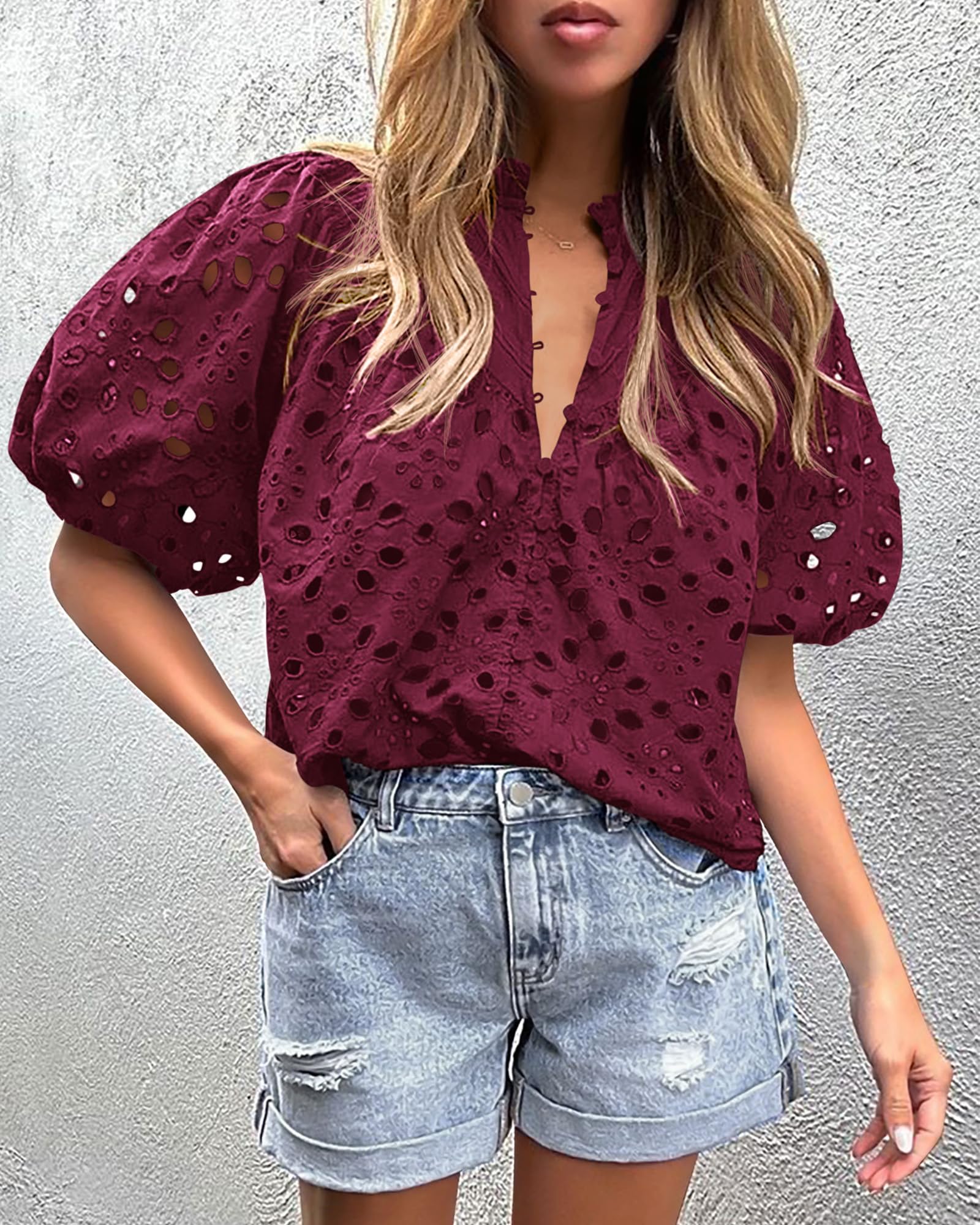 PRETTYGARDEN Women's Summer Short Sleeve Tops Dressy Casual Buttons V Neck Hollow Out Lace Embroidered Blouses Shirts - Image 126