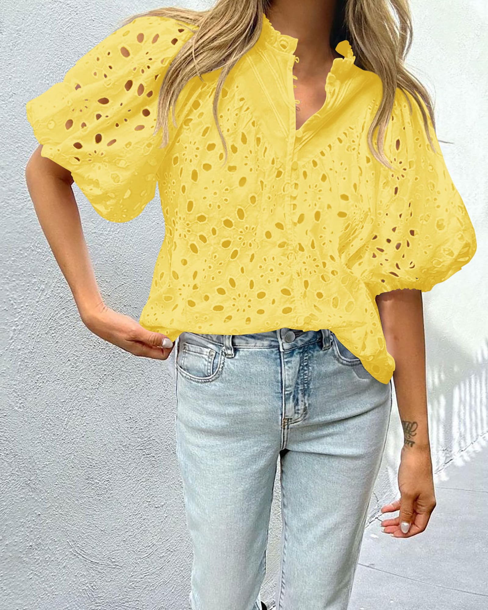 PRETTYGARDEN Women's Summer Short Sleeve Tops Dressy Casual Buttons V Neck Hollow Out Lace Embroidered Blouses Shirts - Image 128