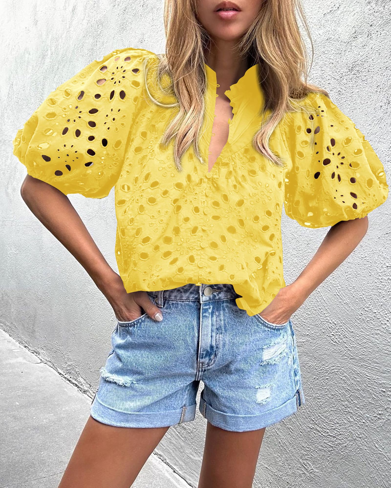 PRETTYGARDEN Women's Summer Short Sleeve Tops Dressy Casual Buttons V Neck Hollow Out Lace Embroidered Blouses Shirts - Image 130