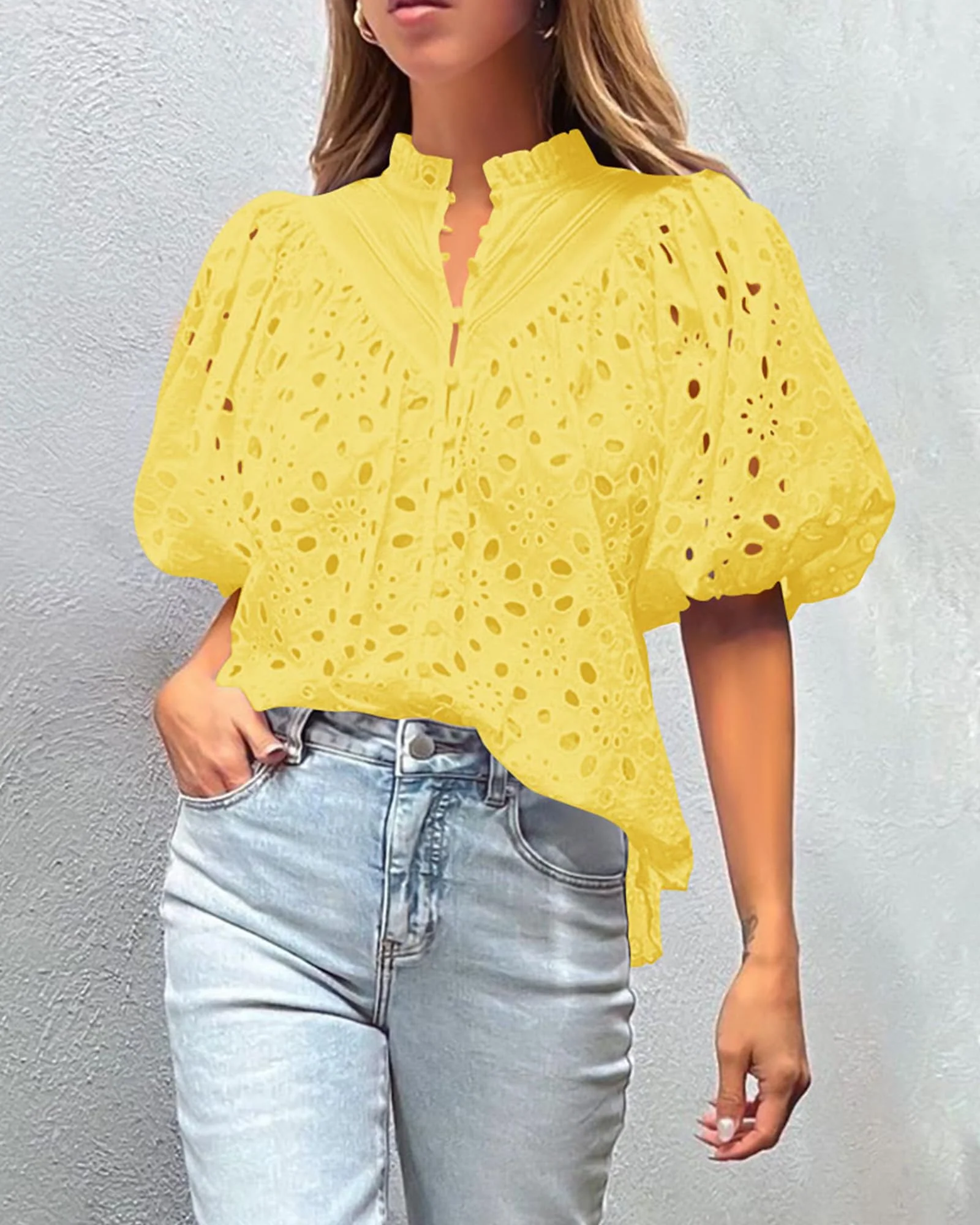 PRETTYGARDEN Women's Summer Short Sleeve Tops Dressy Casual Buttons V Neck Hollow Out Lace Embroidered Blouses Shirts - Image 131