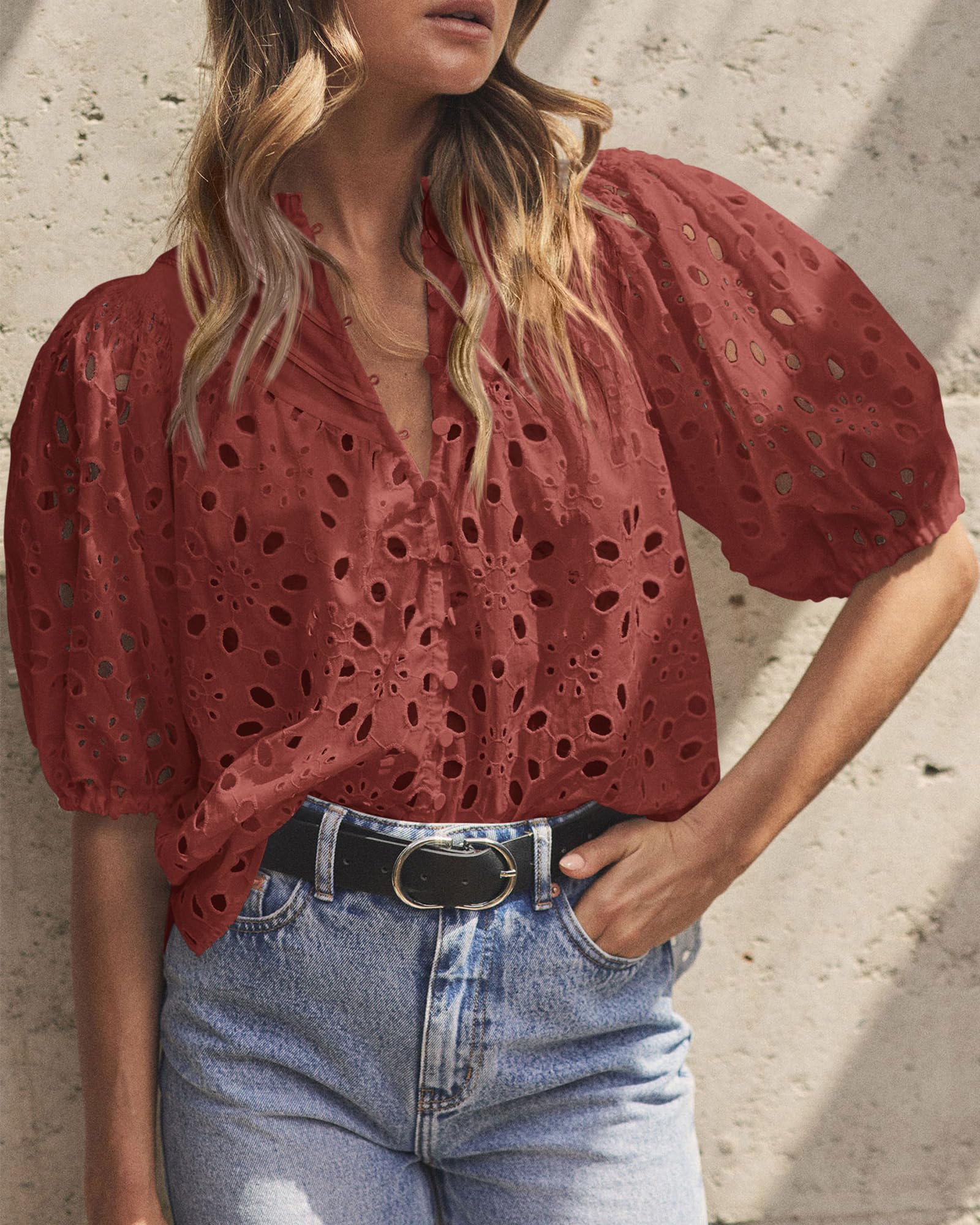 PRETTYGARDEN Women's Summer Short Sleeve Tops Dressy Casual Buttons V Neck Hollow Out Lace Embroidered Blouses Shirts - Image 28