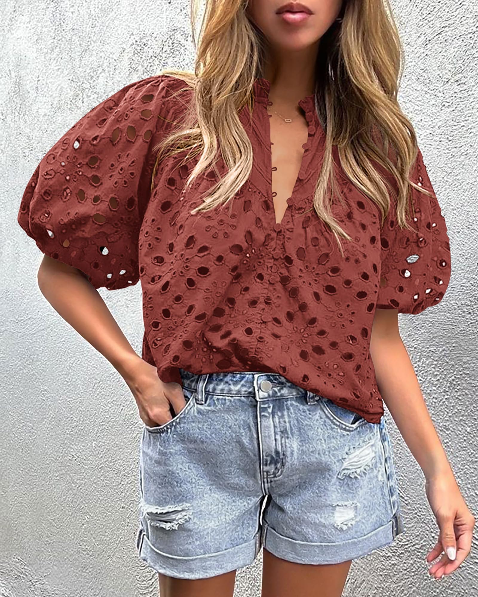 PRETTYGARDEN Women's Summer Short Sleeve Tops Dressy Casual Buttons V Neck Hollow Out Lace Embroidered Blouses Shirts - Image 32