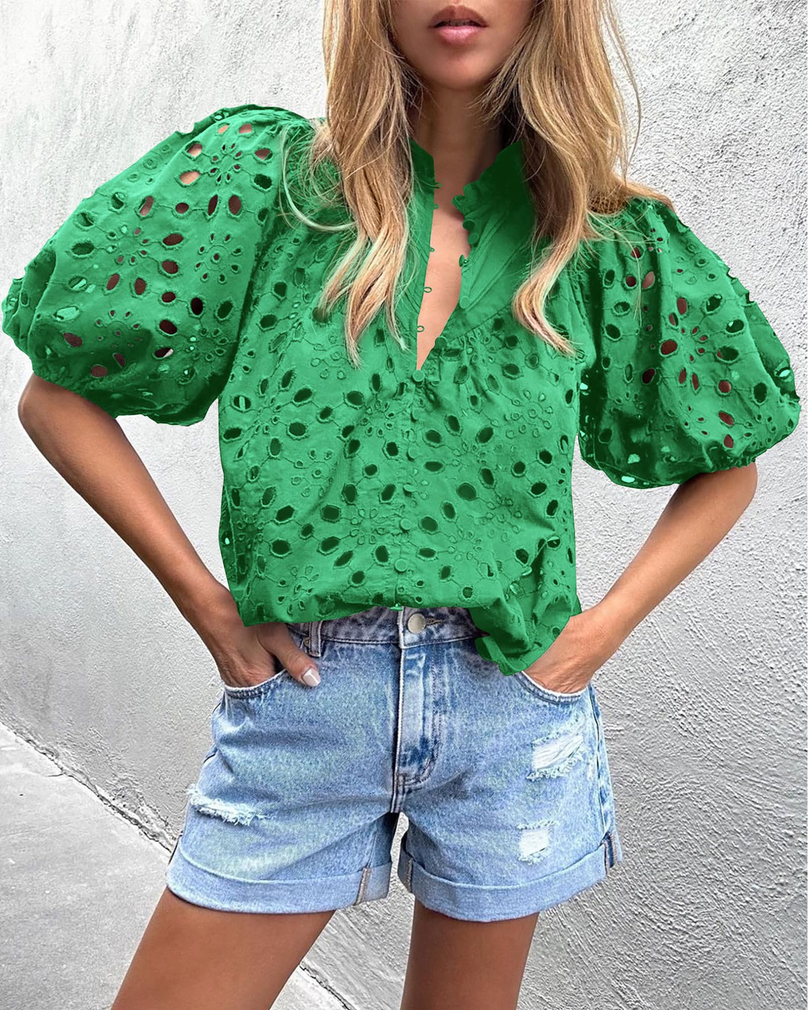 PRETTYGARDEN Women's Summer Short Sleeve Tops Dressy Casual Buttons V Neck Hollow Out Lace Embroidered Blouses Shirts - Image 43