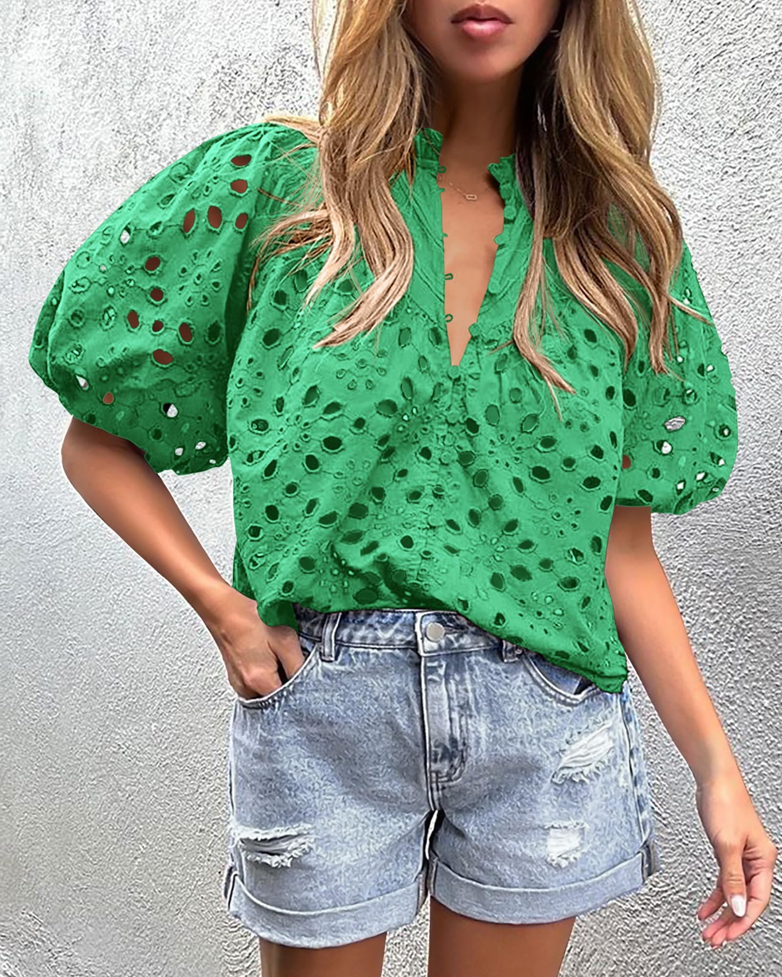 PRETTYGARDEN Women's Summer Short Sleeve Tops Dressy Casual Buttons V Neck Hollow Out Lace Embroidered Blouses Shirts - Image 45