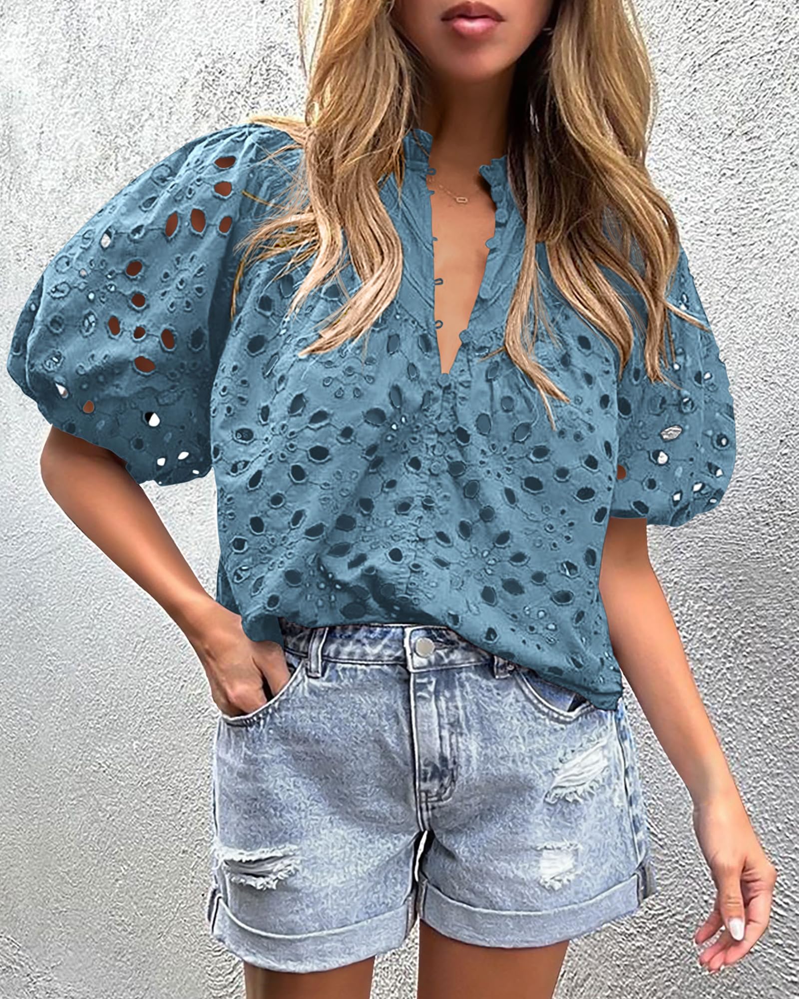 PRETTYGARDEN Women's Summer Short Sleeve Tops Dressy Casual Buttons V Neck Hollow Out Lace Embroidered Blouses Shirts - Image 52