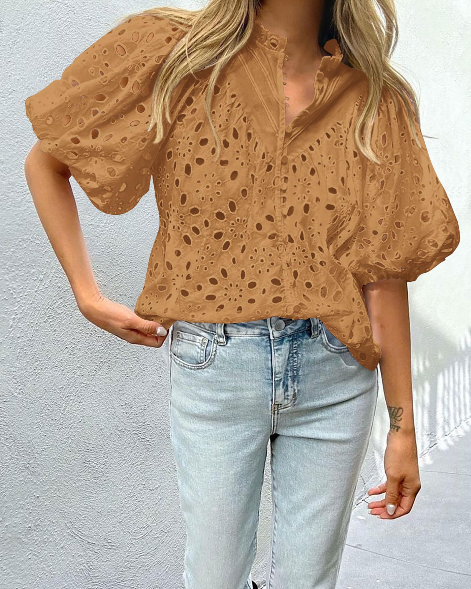 PRETTYGARDEN Women's Summer Short Sleeve Tops Dressy Casual Buttons V Neck Hollow Out Lace Embroidered Blouses Shirts - Image 55