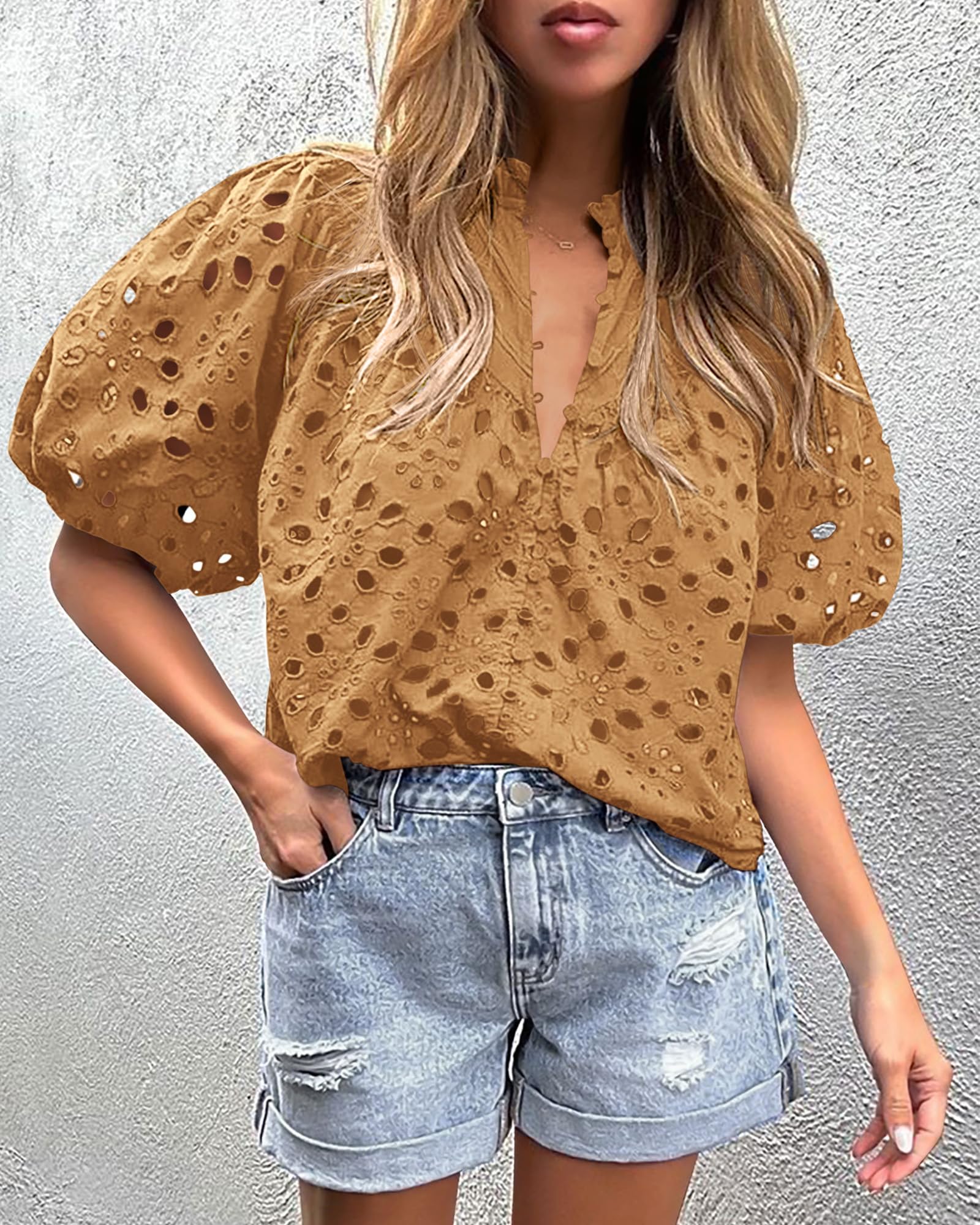 PRETTYGARDEN Women's Summer Short Sleeve Tops Dressy Casual Buttons V Neck Hollow Out Lace Embroidered Blouses Shirts - Image 59