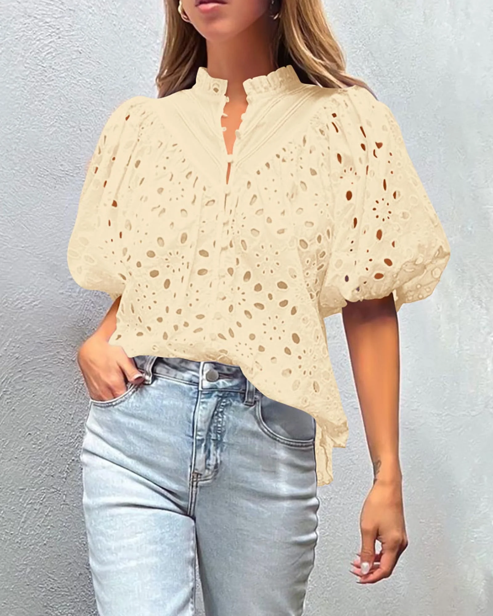 PRETTYGARDEN Women's Summer Short Sleeve Tops Dressy Casual Buttons V Neck Hollow Out Lace Embroidered Blouses Shirts - Image 6