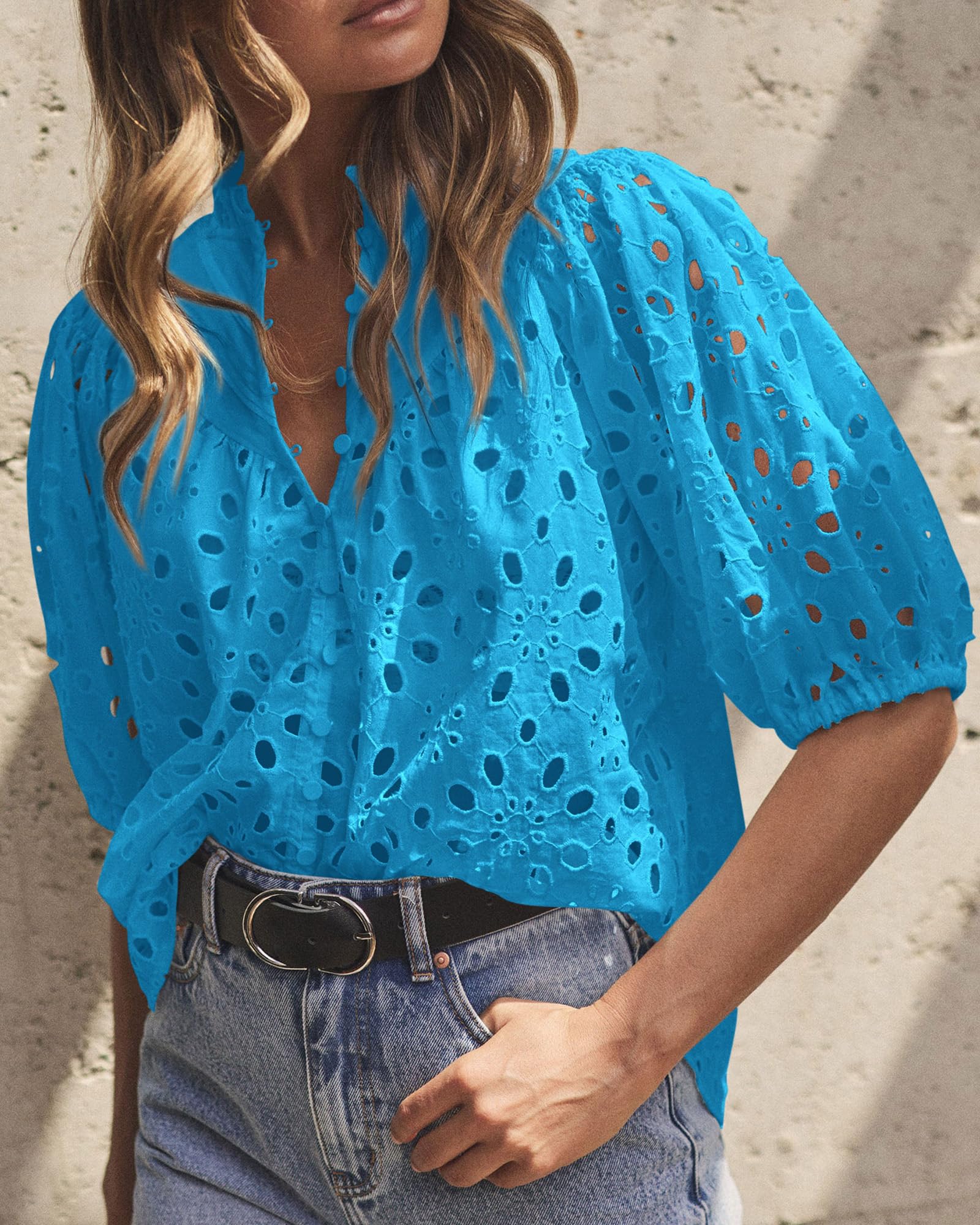 PRETTYGARDEN Women's Summer Short Sleeve Tops Dressy Casual Buttons V Neck Hollow Out Lace Embroidered Blouses Shirts - Image 61