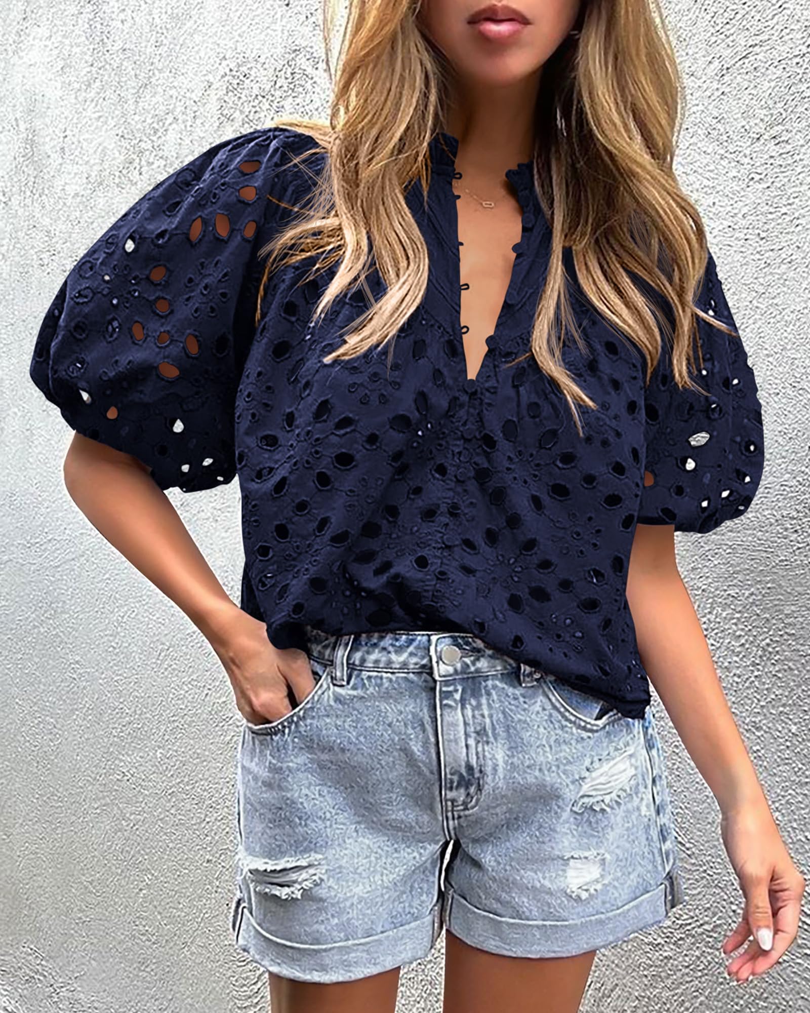 PRETTYGARDEN Women's Summer Short Sleeve Tops Dressy Casual Buttons V Neck Hollow Out Lace Embroidered Blouses Shirts - Image 86