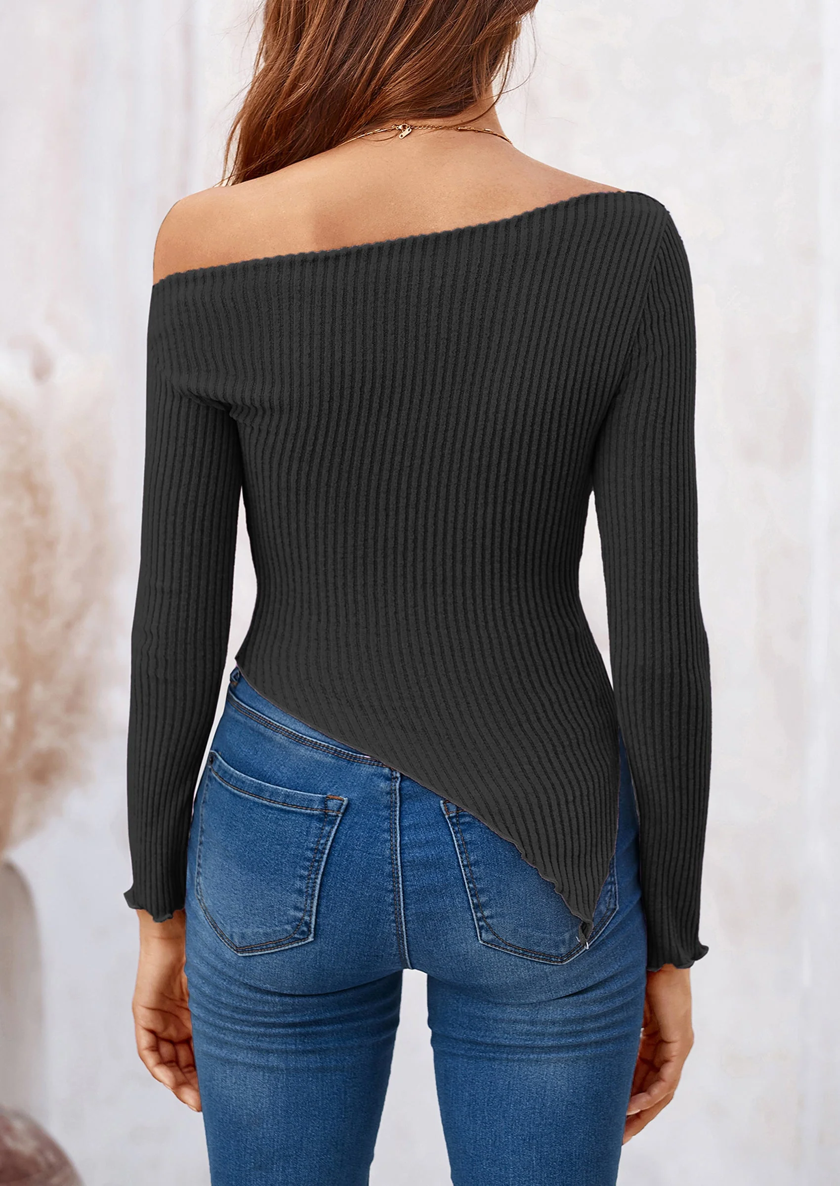 PRETTYGARDEN Women's Spring Long Sleeve Y2K Crop Top Trendy Off Shoulder Asymmetrical Fitted Knit Tee Shirts Going Out Tops - Image 10