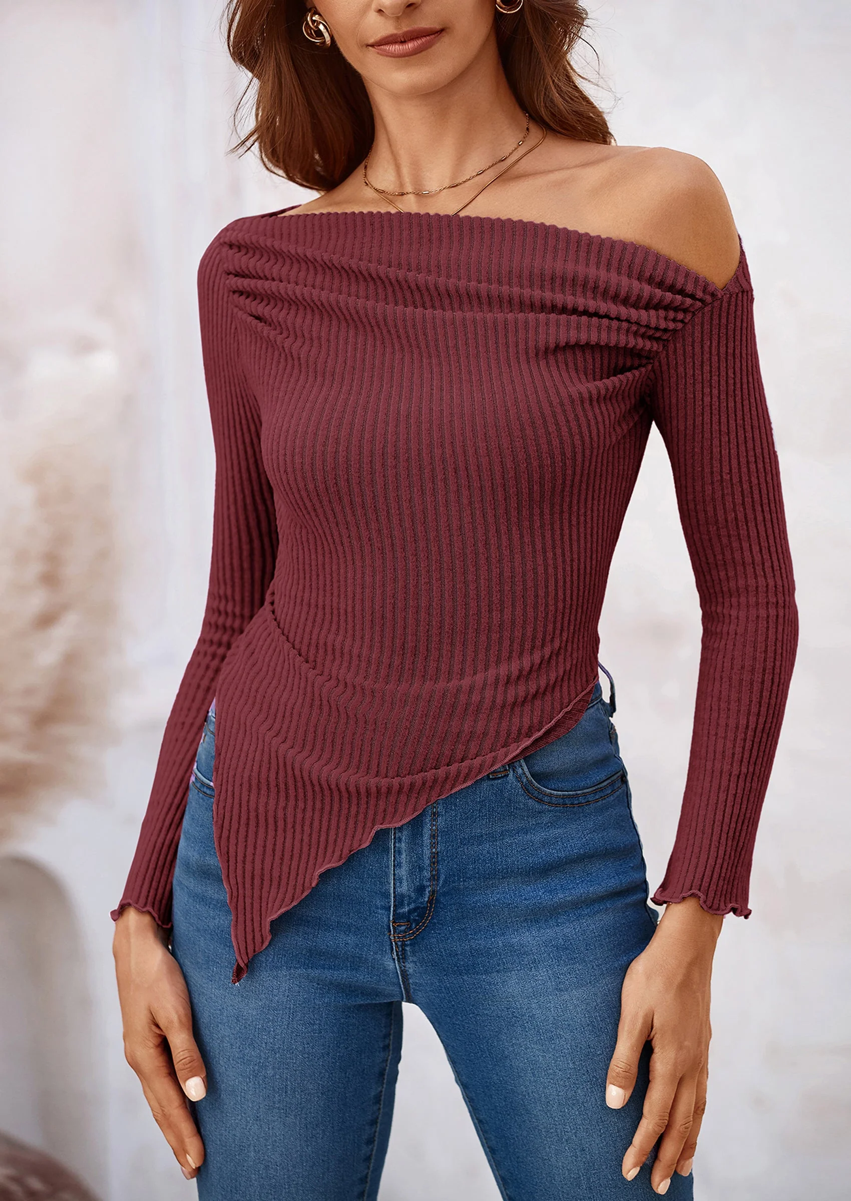 PRETTYGARDEN Women's Spring Long Sleeve Y2K Crop Top Trendy Off Shoulder Asymmetrical Fitted Knit Tee Shirts Going Out Tops - Image 41