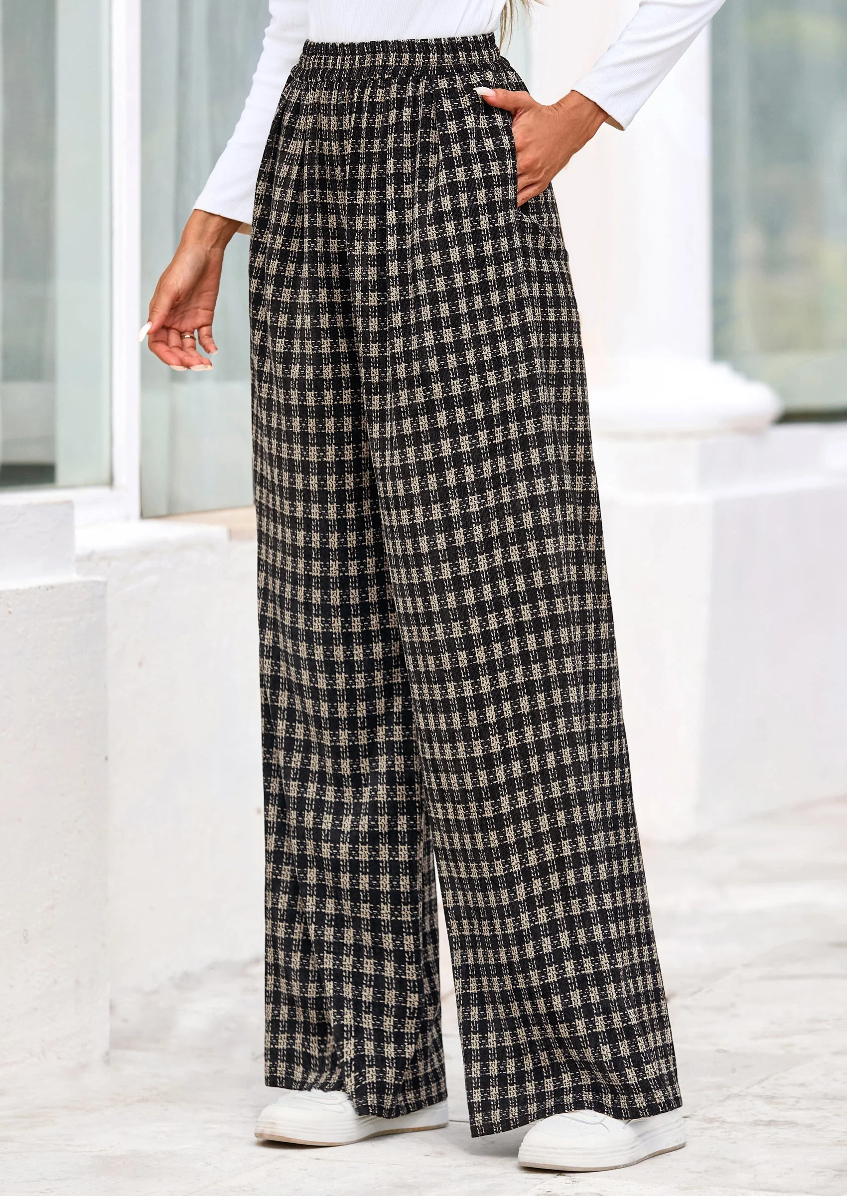 PRETTYGARDEN Casual Women's Pants Elastic Waist Palazzo Long Stretchy Wide Leg Trousers Knit Fall Outfits with Pockets - Image 30