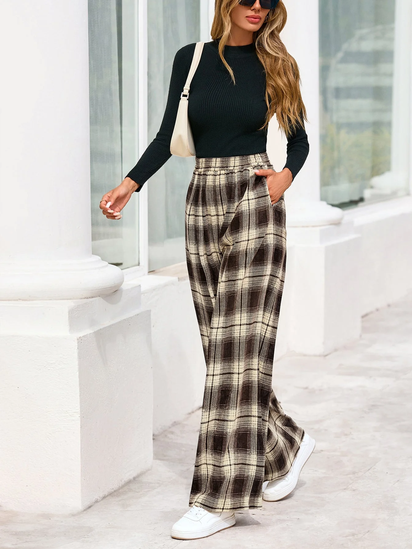 PRETTYGARDEN Casual Women's Pants Elastic Waist Palazzo Long Stretchy Wide Leg Trousers Knit Fall Outfits with Pockets - Image 8