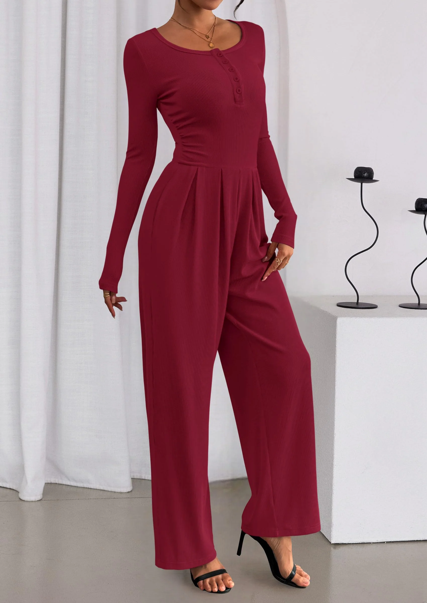 PRETTYGARDEN Jumpsuits for Women Dressy Casual Fall One Piece Outfits Long Sleeve Crew Neck Wide Leg Pants Rompers - Image 4