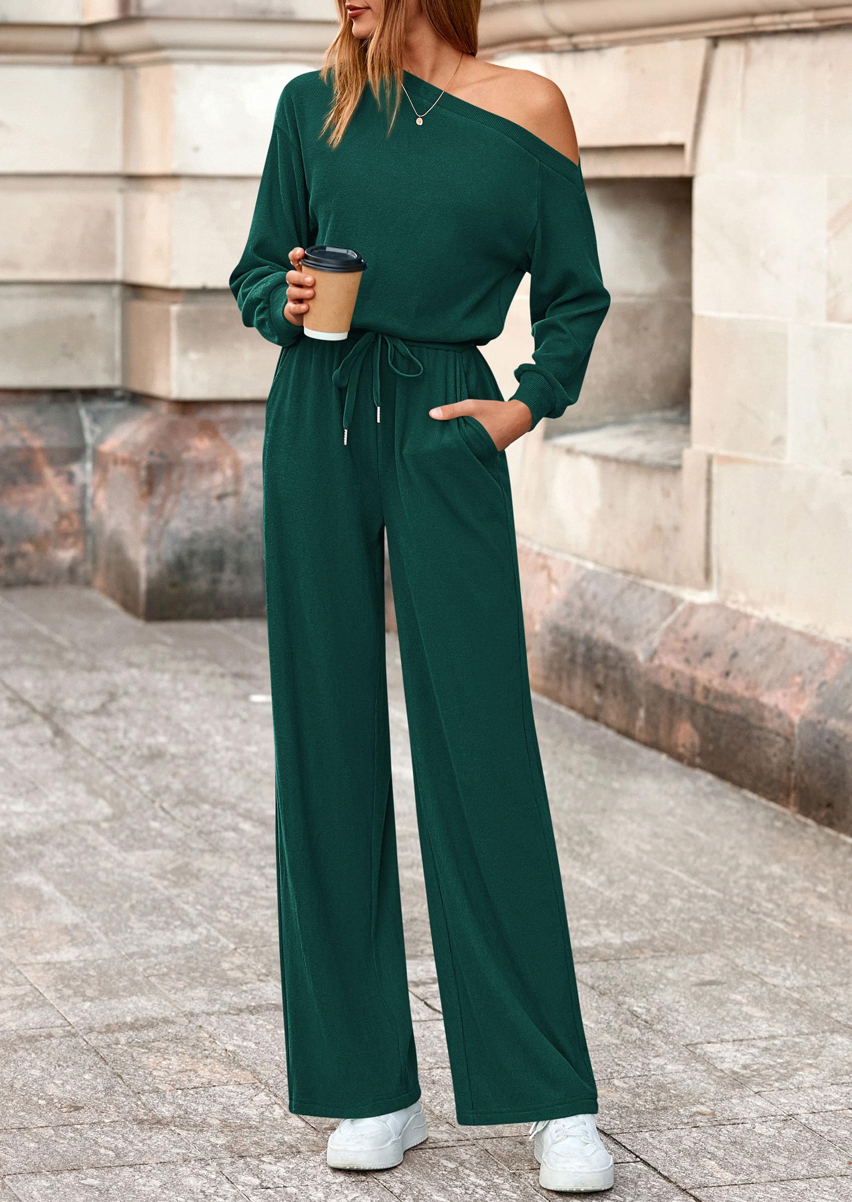 PRETTYGARDEN Long Sleeve Jumpsuit For Women Dressy Off Shoulder One Piece Loose Wide Leg Jumpsuits Casual Flowy Romper - Image 28