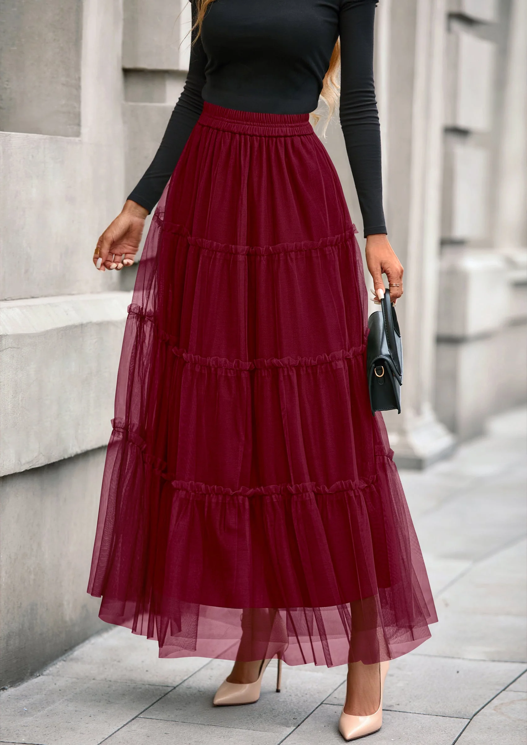 PRETTYGARDEN Maxi Skirts for Women Fall Tulle High Waisted Ruffle Flowy A-Line Long Skirt Country Concert Outfits - Image 31