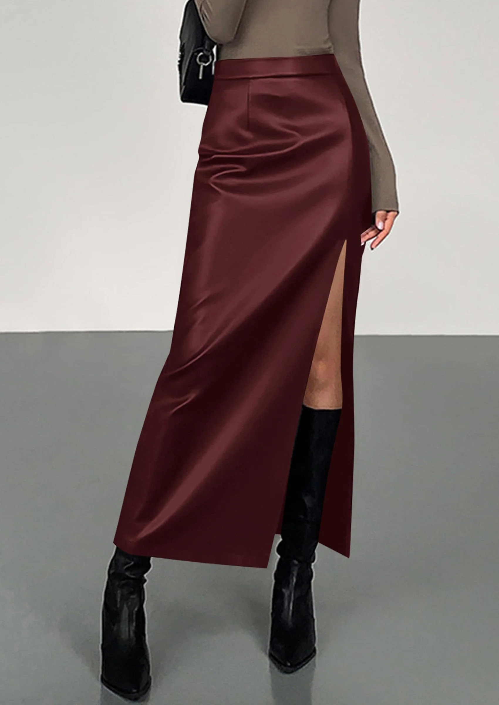PRETTYGARDEN Womens Faux Leather Skirt Fall Bodycon High Waisted Slit Dressy Casual Winter Maxi Long Pencil Skirts - Image 3