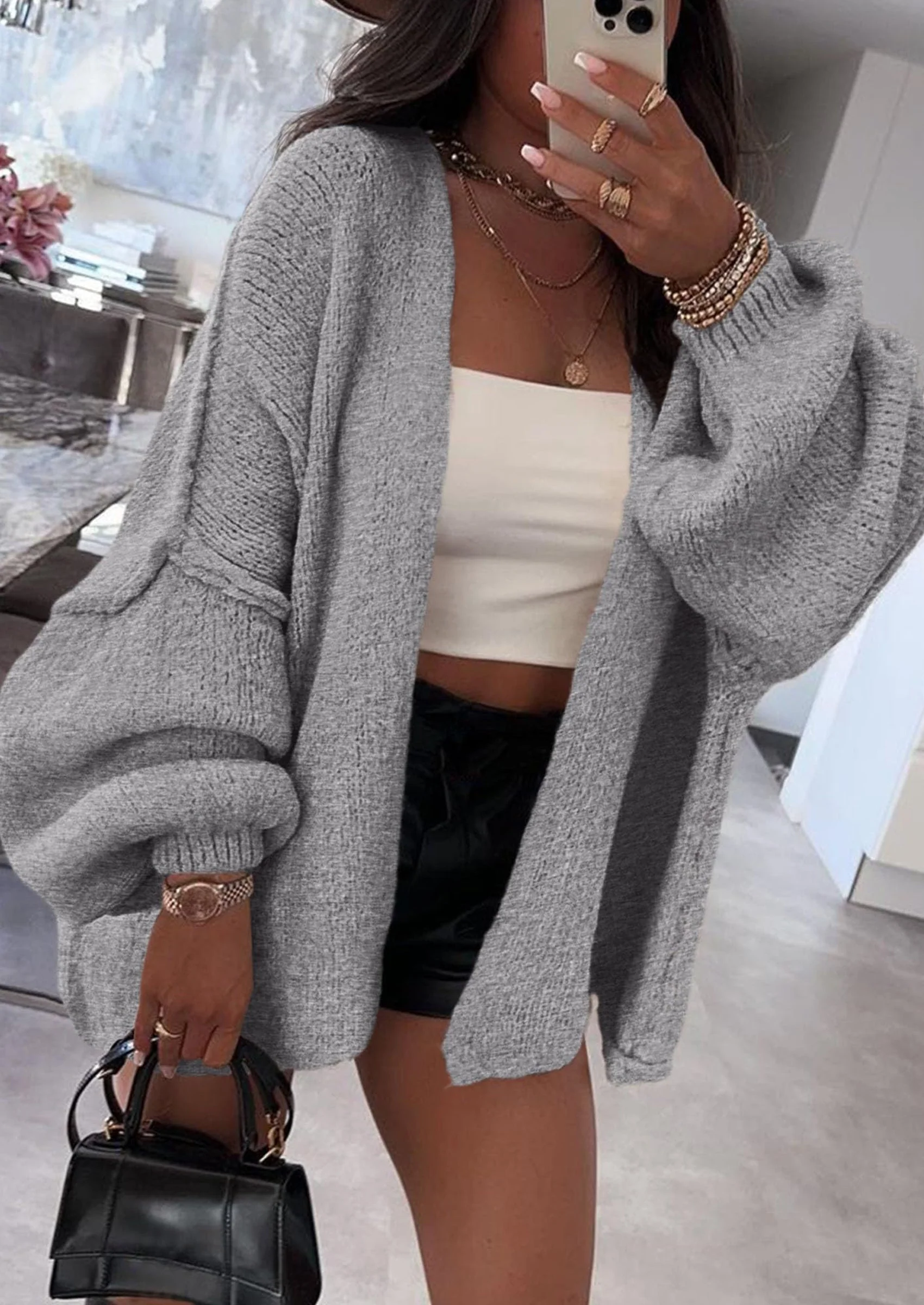 PRETTYGARDEN Womens Oversized Cardigan Sweaters Fall Long Lantern Sleeve Knit Open Front Lightweight Sweater - Image 65