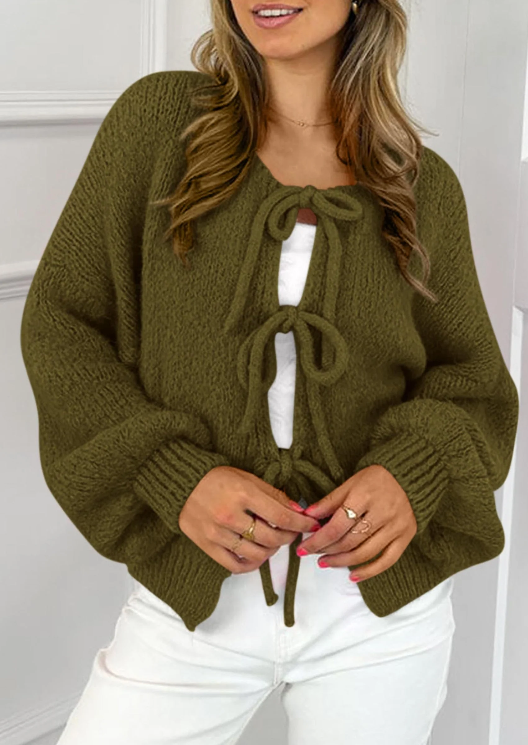 PRETTYGARDEN Women's Tie Front Bow Cardigan Sweaters Chunky Knit Long Puff Sleeve Trendy Fall Winter Jacket Coats - Image 11