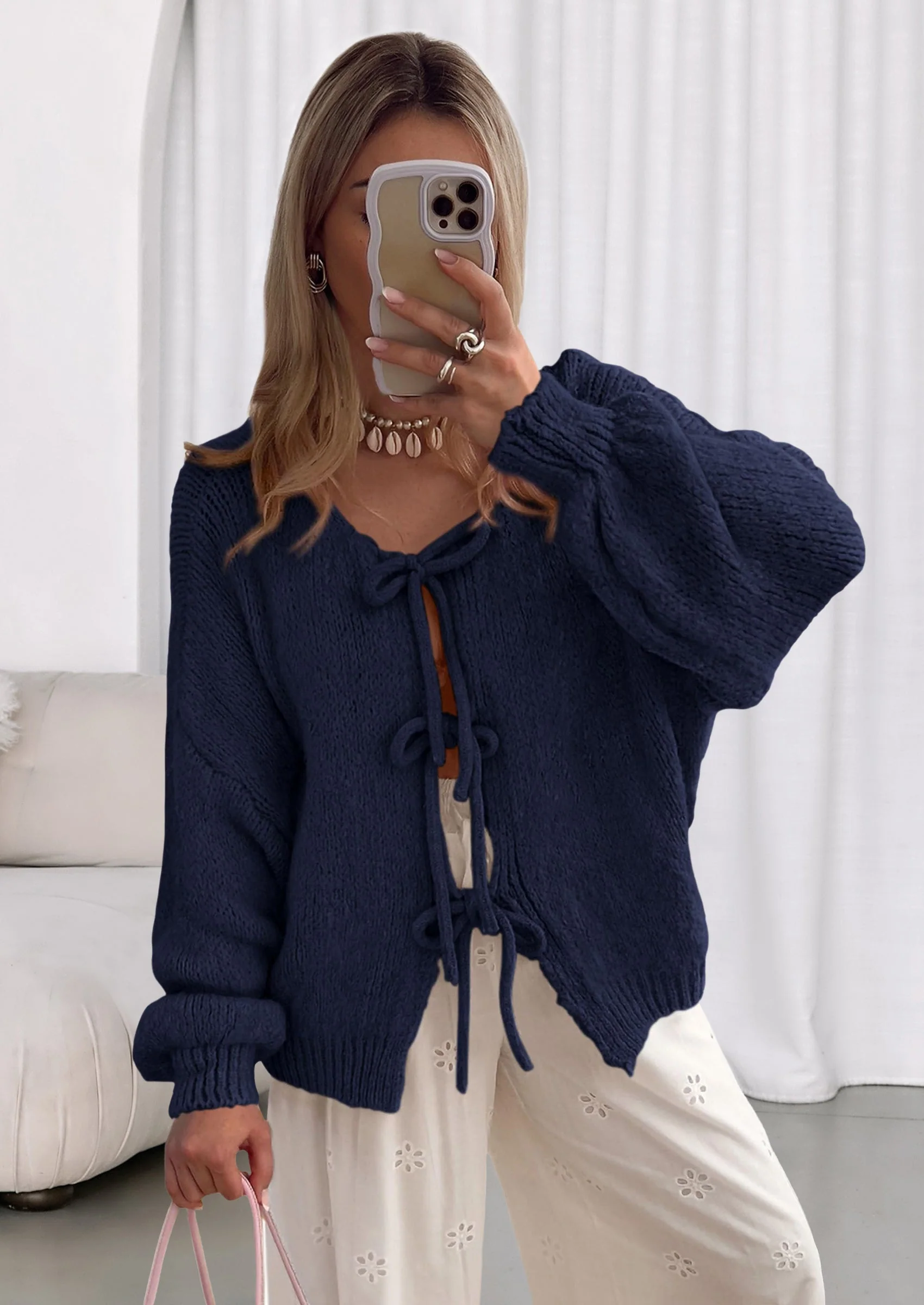 PRETTYGARDEN Women's Tie Front Bow Cardigan Sweaters Chunky Knit Long Puff Sleeve Trendy Fall Winter Jacket Coats - Image 132