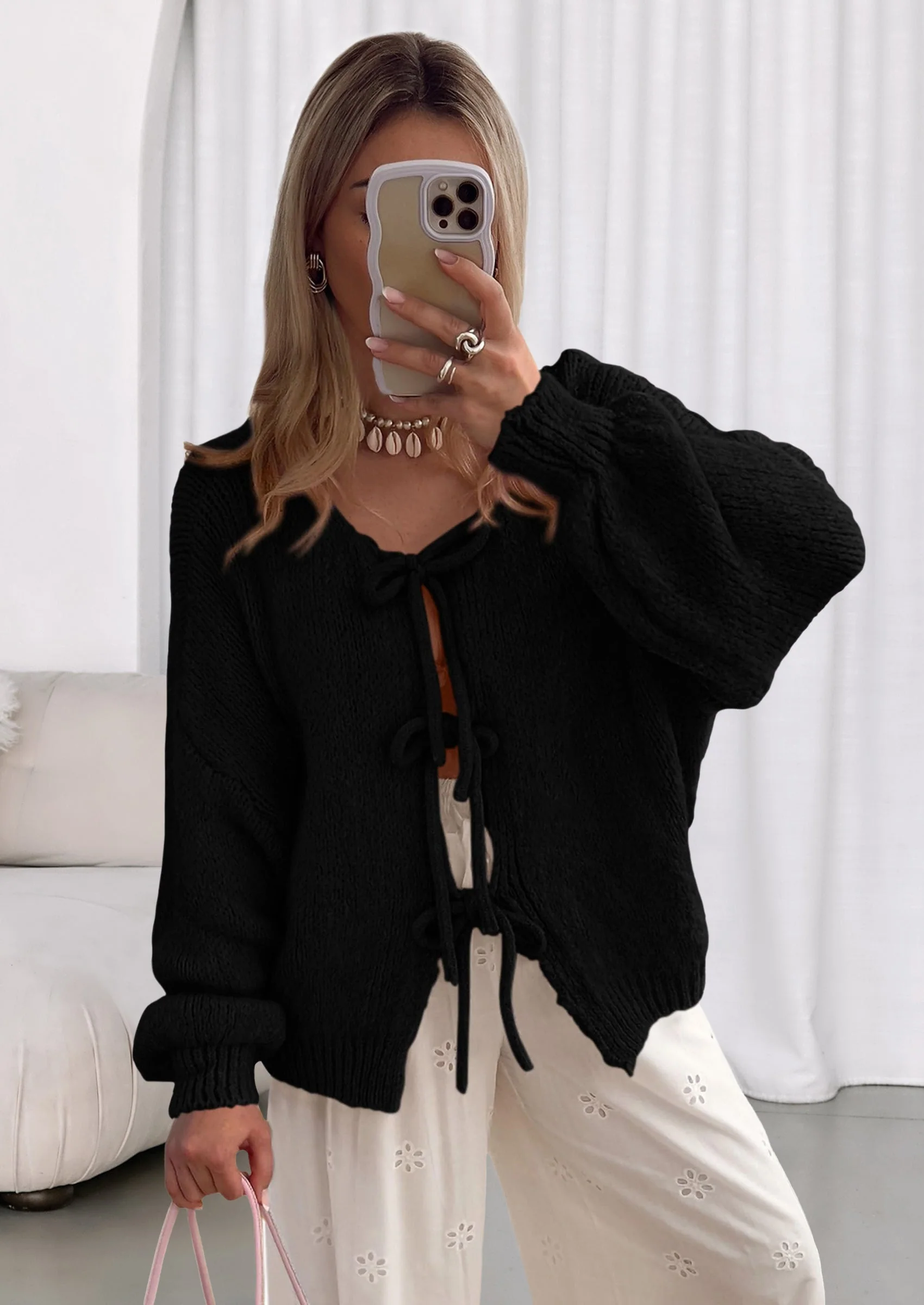 PRETTYGARDEN Women's Tie Front Bow Cardigan Sweaters Chunky Knit Long Puff Sleeve Trendy Fall Winter Jacket Coats - Image 14