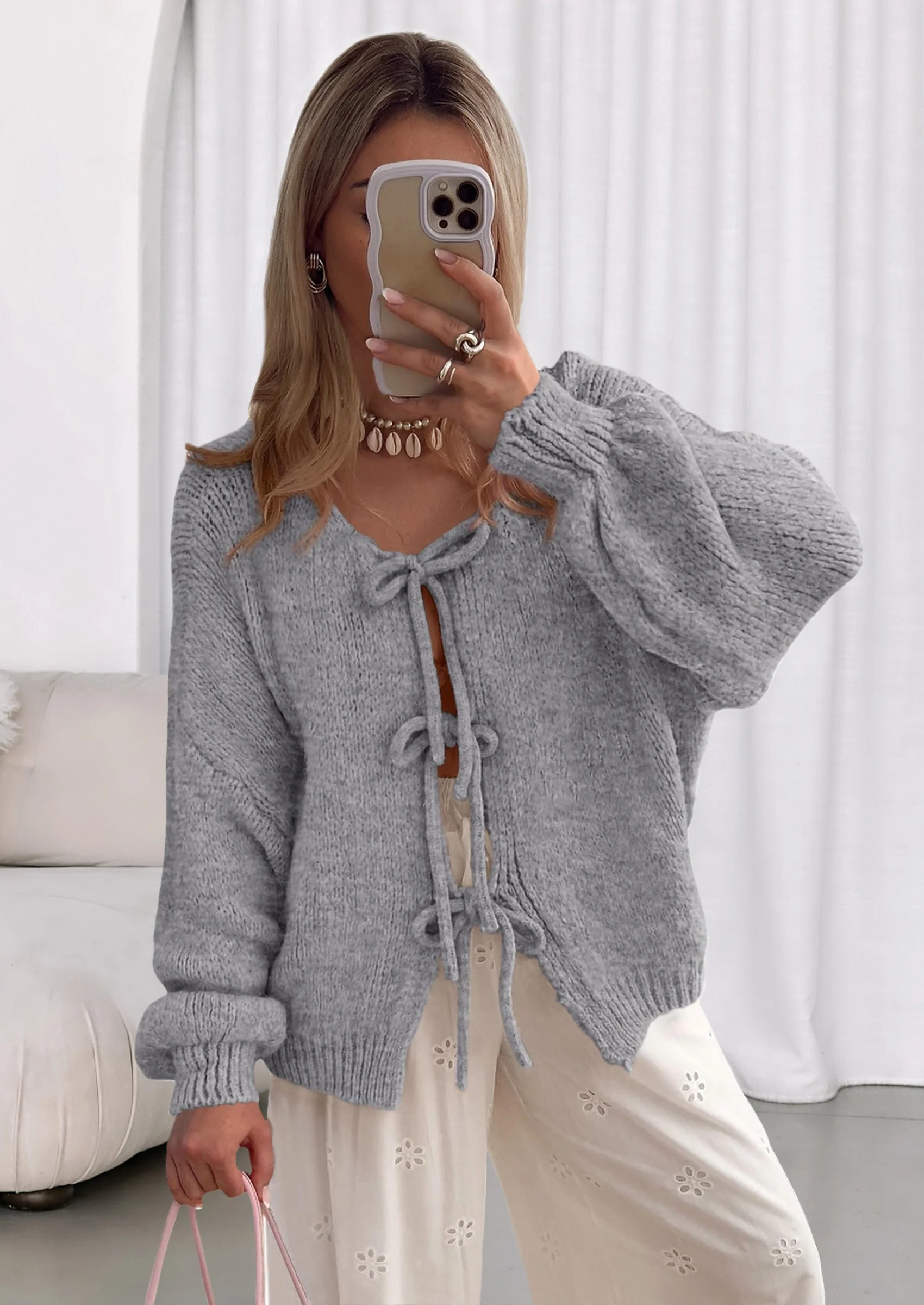 PRETTYGARDEN Women's Tie Front Bow Cardigan Sweaters Chunky Knit Long Puff Sleeve Trendy Fall Winter Jacket Coats - Image 46