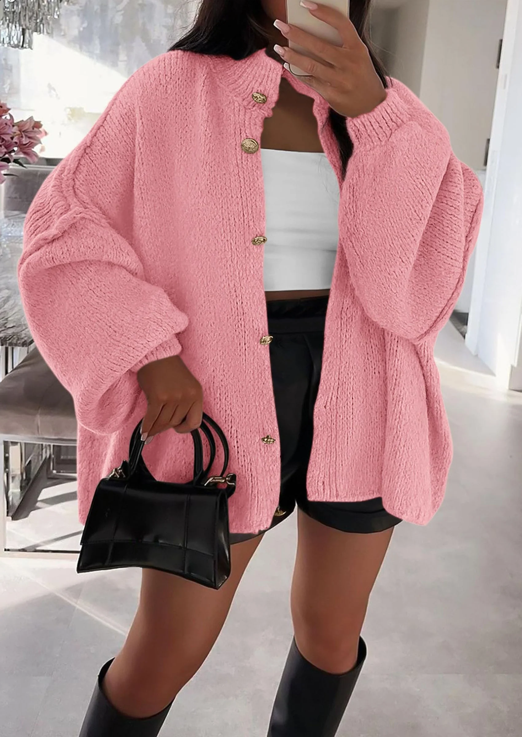 PRETTYGARDEN Women's Winter Button Down Cardigan Sweaters Mock Neck Lantern Long Sleeve Chunky Knit Jacket Trendy Outerwear - Image 15