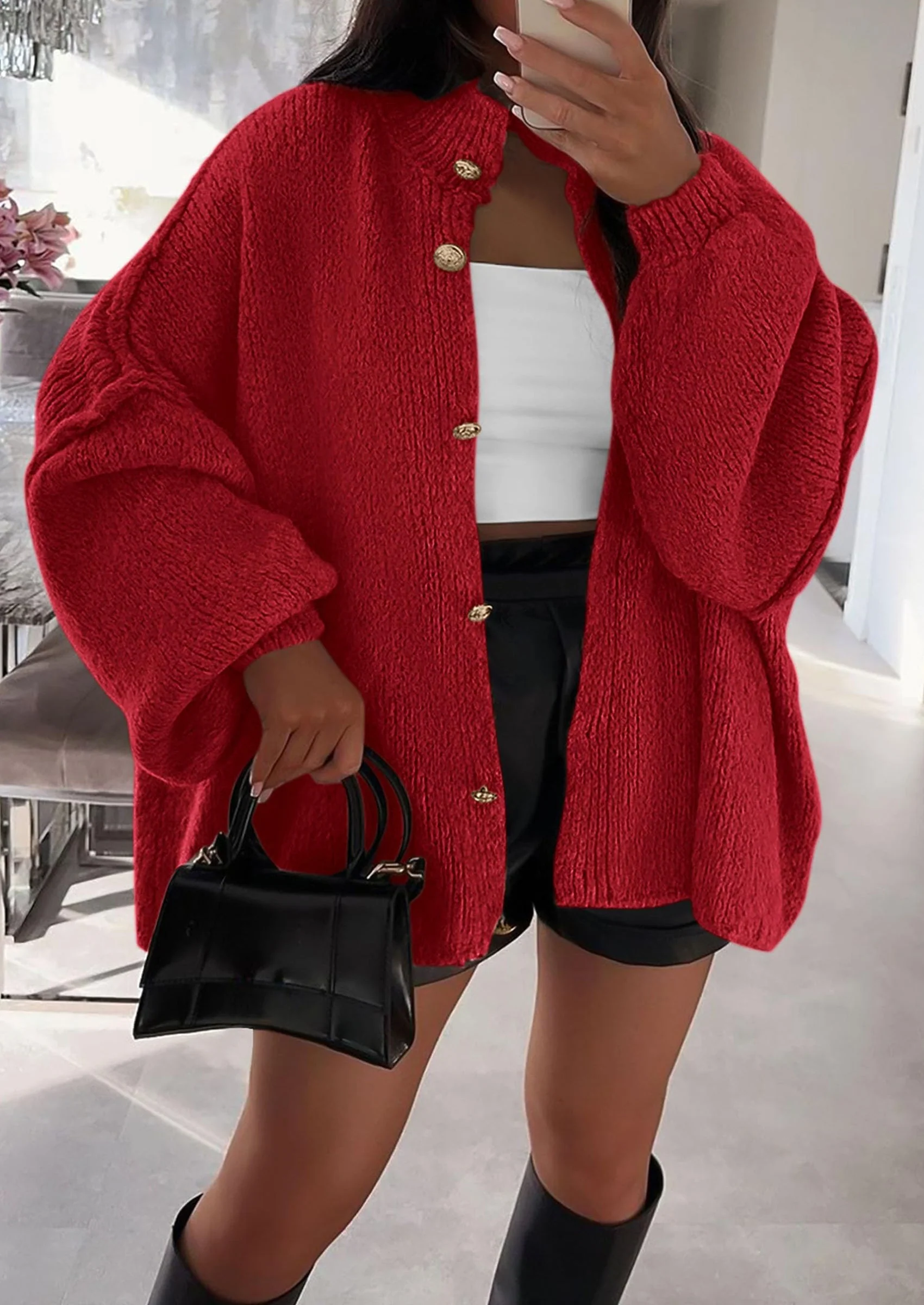 PRETTYGARDEN Women's Winter Button Down Cardigan Sweaters Mock Neck Lantern Long Sleeve Chunky Knit Jacket Trendy Outerwear - Image 39