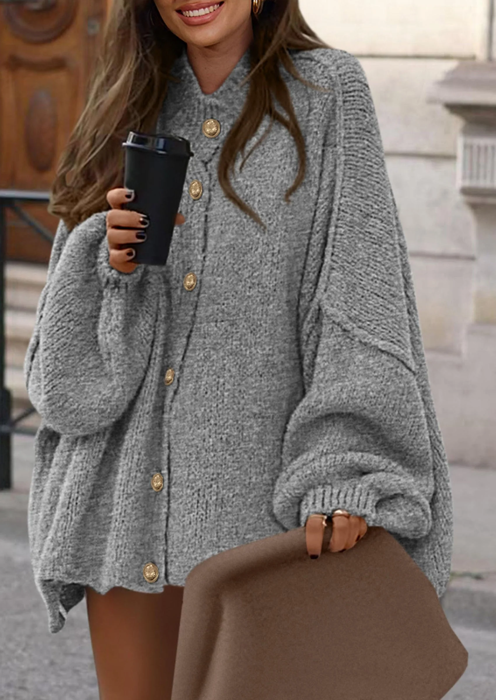 PRETTYGARDEN Women's Winter Button Down Cardigan Sweaters Mock Neck Lantern Long Sleeve Chunky Knit Jacket Trendy Outerwear - Image 91