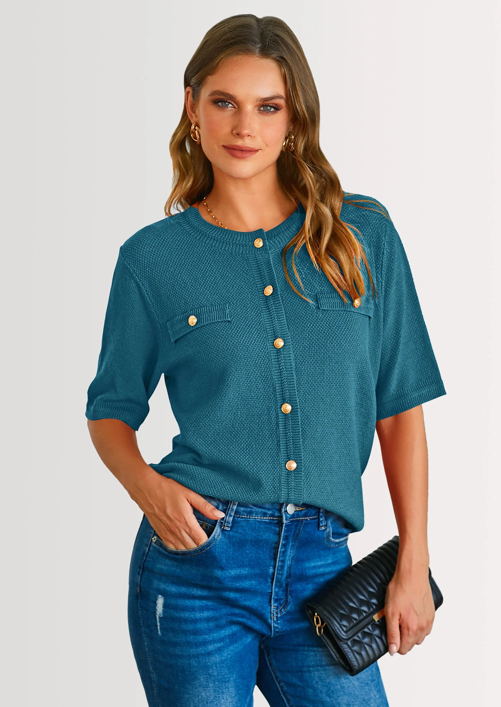 PRETTYGARDEN Women's Summer Button Down Shirts Casual Short Sleeve Crew Neck Ribbed Knit Blouse Top Cardigans - Image 68