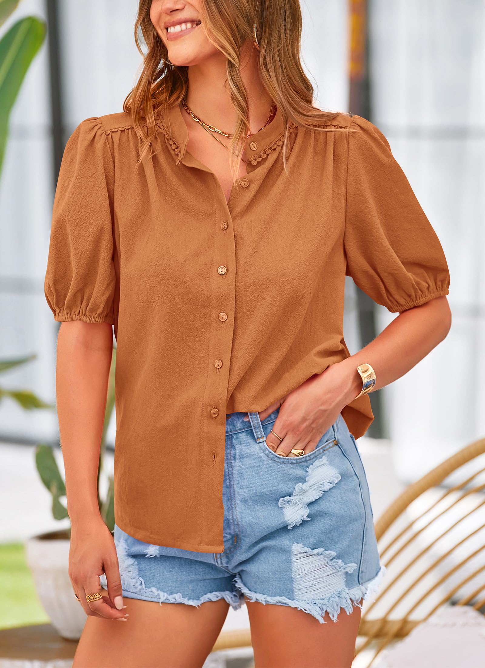 PRETTYGARDEN Women's Summer Tops Button Down Shirts Short Lantern Sleeve V Neck Cotton Cute Dressy Casual Blouses - Image 21