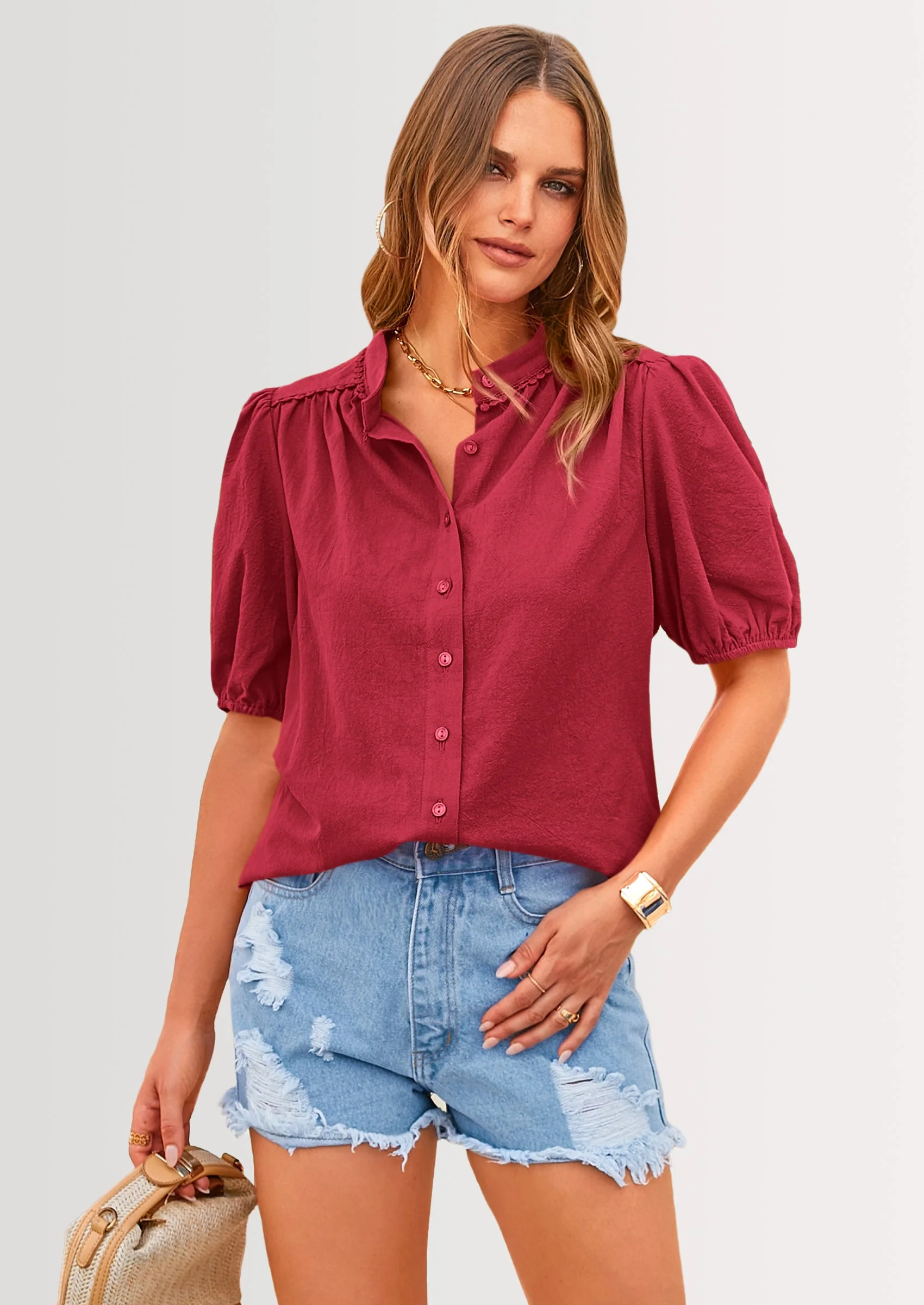 PRETTYGARDEN Women's Summer Tops Button Down Shirts Short Lantern Sleeve V Neck Cotton Cute Dressy Casual Blouses - Image 27