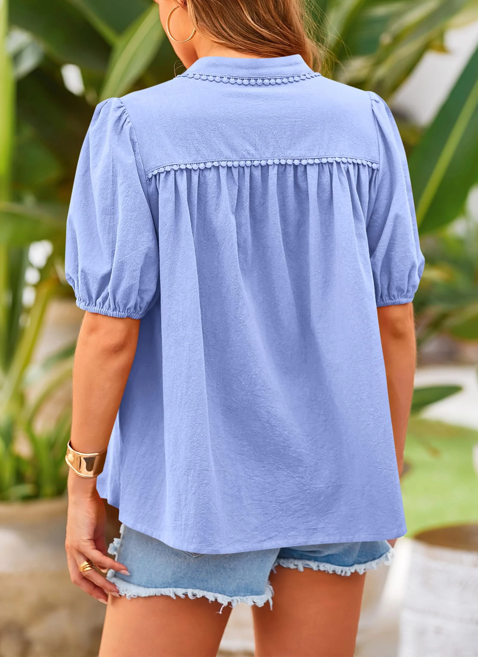 PRETTYGARDEN Women's Summer Tops Button Down Shirts Short Lantern Sleeve V Neck Cotton Cute Dressy Casual Blouses - Image 47
