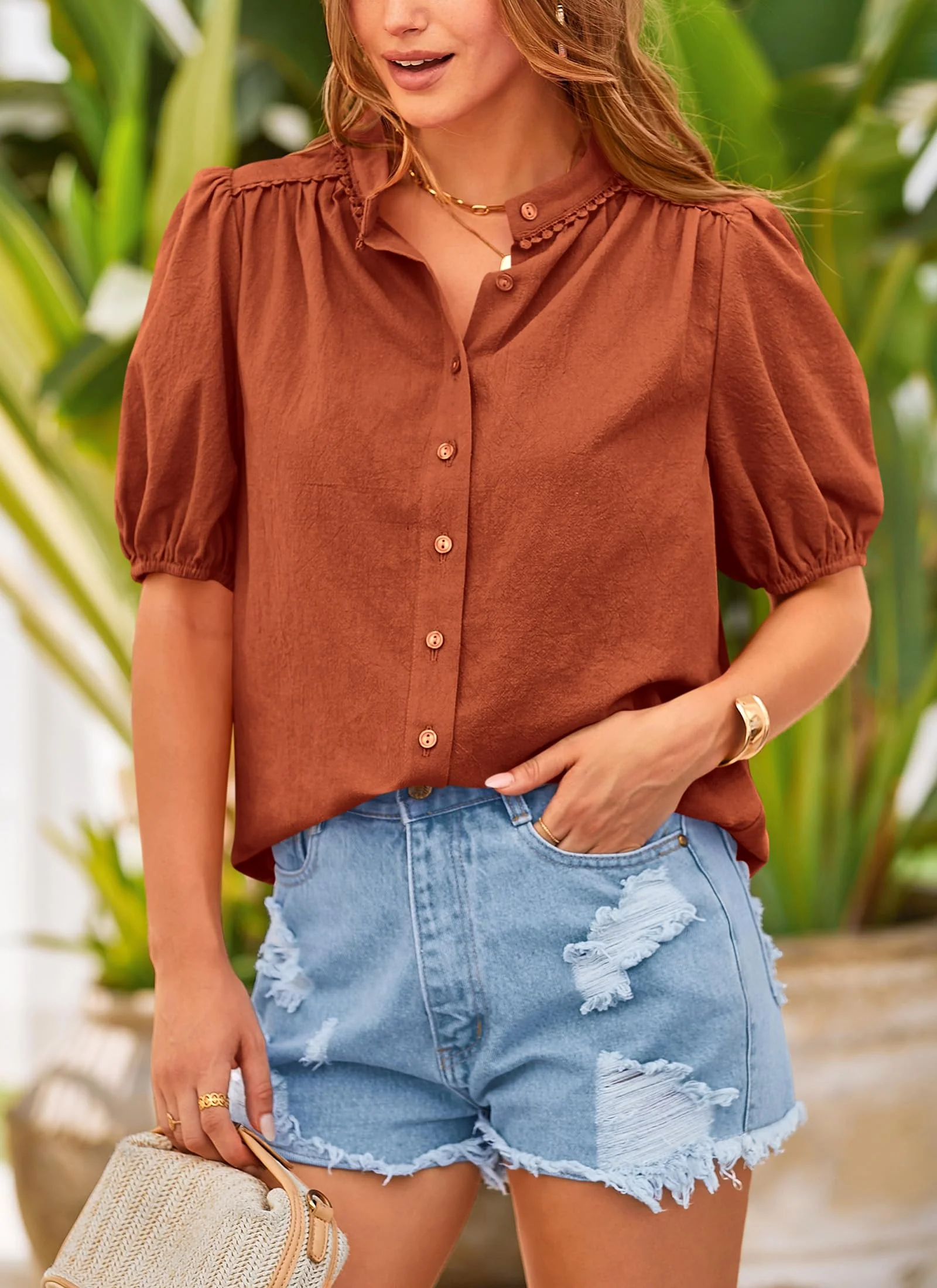 PRETTYGARDEN Women's Summer Tops Button Down Shirts Short Lantern Sleeve V Neck Cotton Cute Dressy Casual Blouses - Image 5