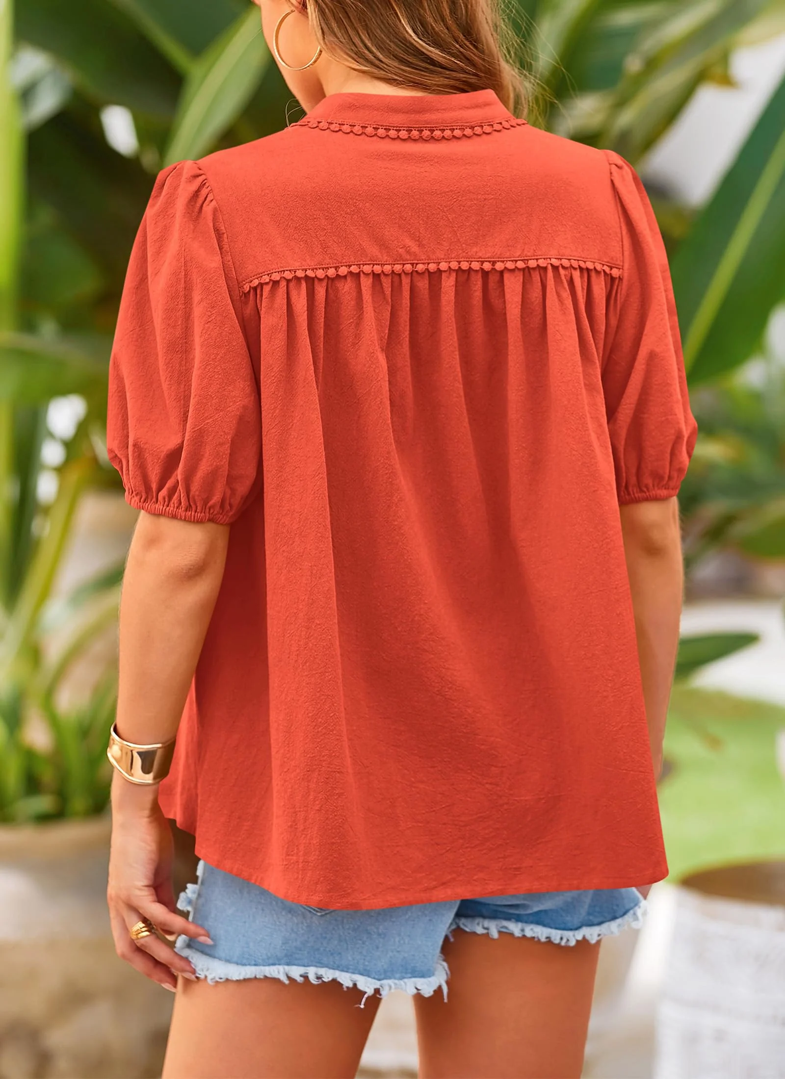 PRETTYGARDEN Women's Summer Tops Button Down Shirts Short Lantern Sleeve V Neck Cotton Cute Dressy Casual Blouses - Image 61